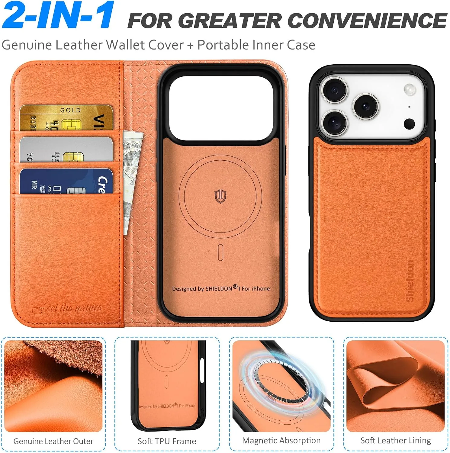 SHIELDON Removable Leather Wallet Case for iPhone 18 Pro/17 Pro, Orange