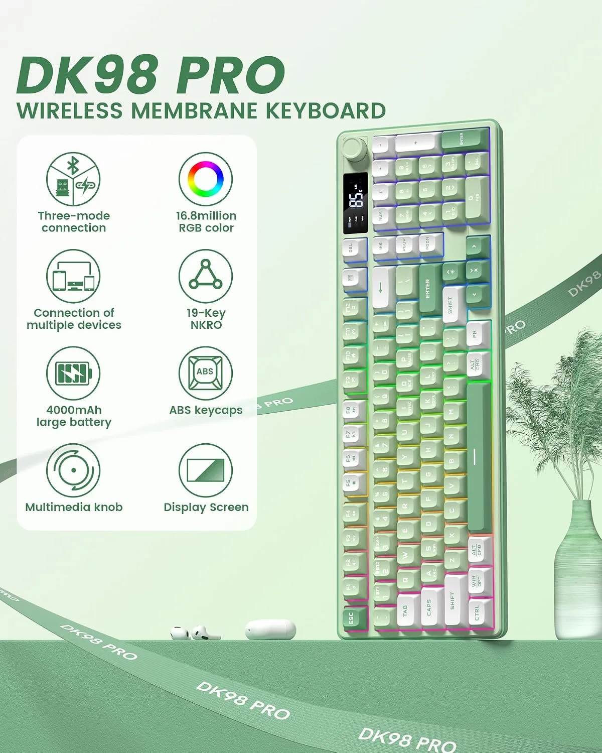 Keymatic Gaming Keyboard Wireless Creamy Keyboard with Media Knob & Screen Cute Keyboard Mechanical Feeling Membrane Keyboard with Number Pad RGB Backlit Tri-Mode BT/2.4GHz/USB-C - Green