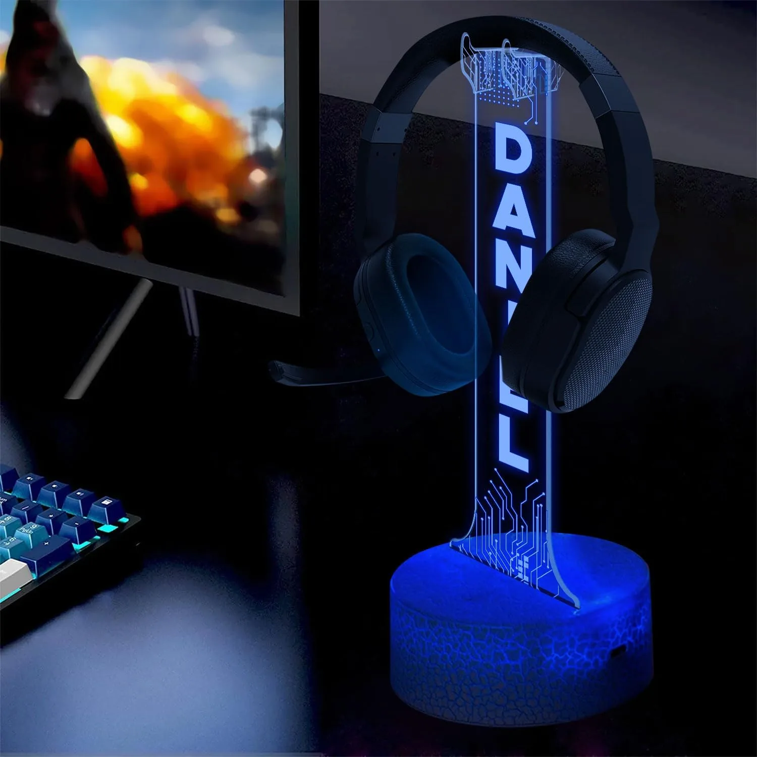 Personalized DJ Headphone Holder with RGB LED Lights, Custom Name Headset Holder for Gamers, Boyfriend or Him, 3D Light-Up Display, Cool Christmas or Birthday Gift for Music Lovers