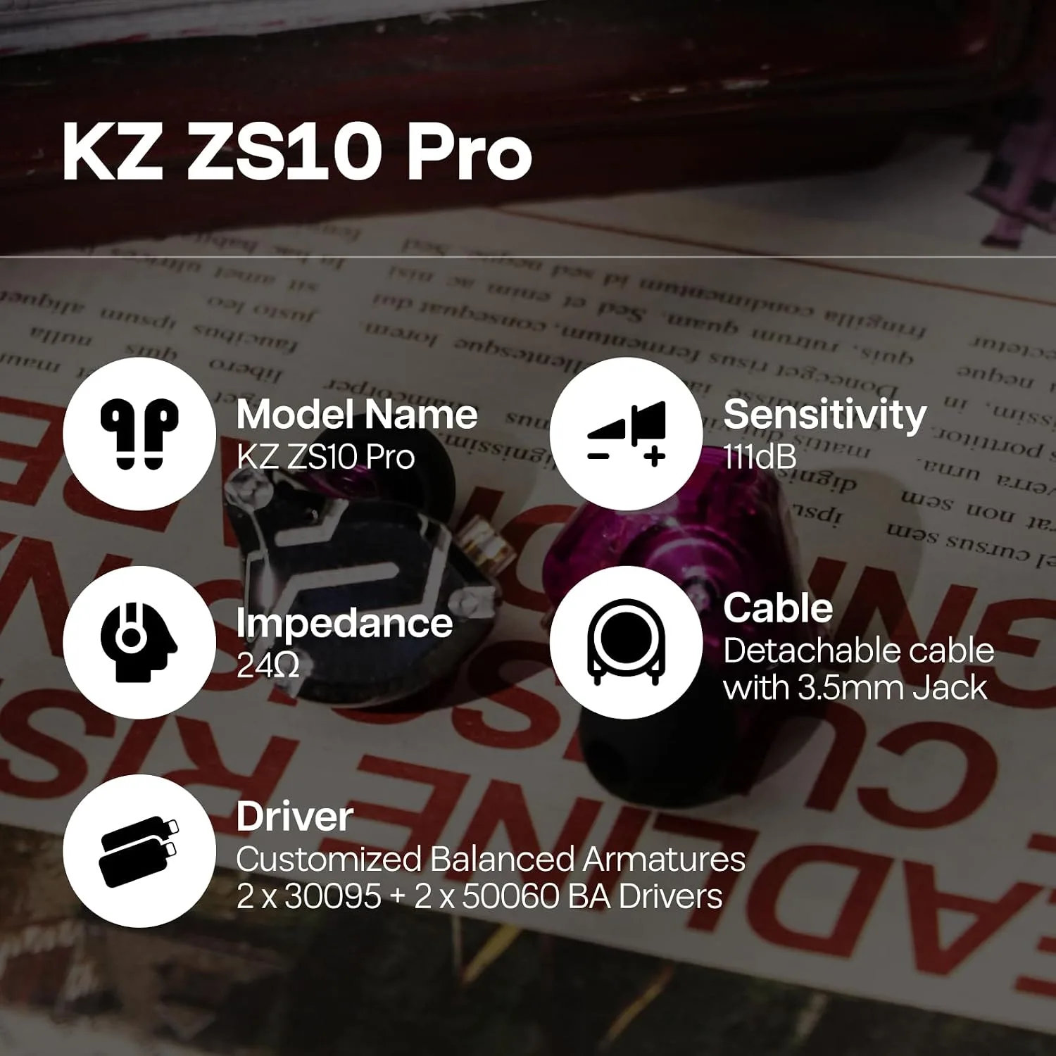 Linsoul KZ ZS10 Pro, 4BA+1DD 5 Driver in Ear Monitor, HiFi Wired Earbuds, Gaming Earbuds, Hybrid IEM Earphones with Stainless Steel Faceplate, Detachable Cable for Musician (Without Mic, Purple)