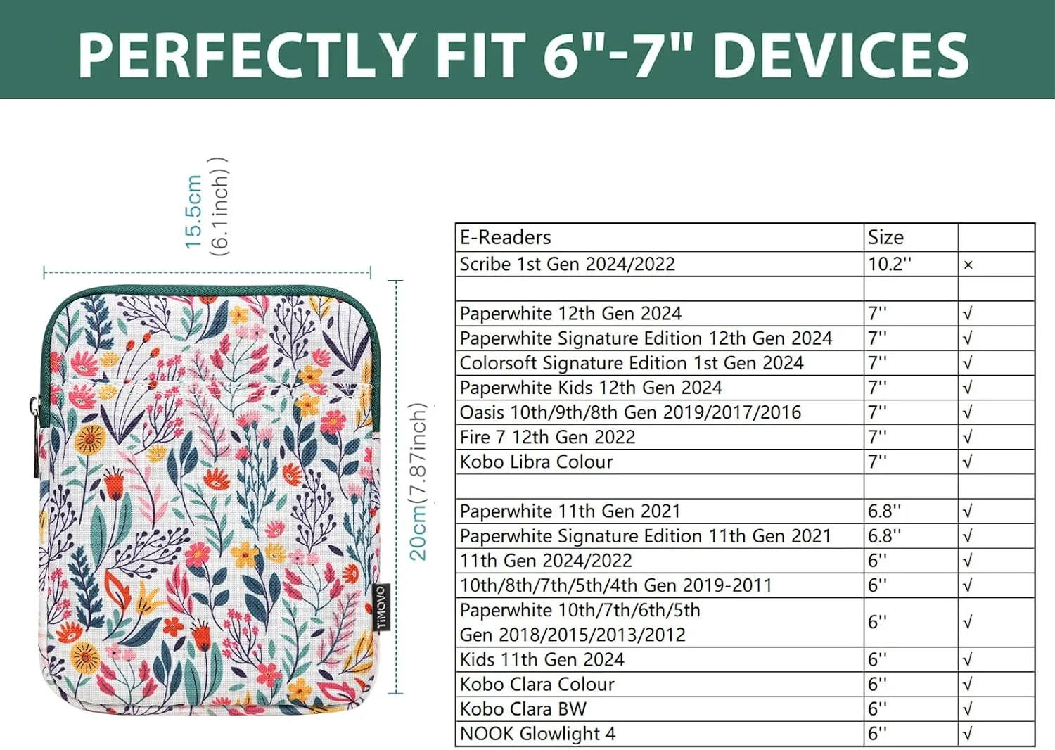 TiMOVO 6-7 Inch Sleeve Case for eReader, Flowers