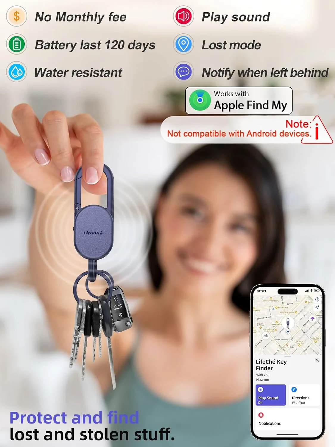 Find My Key Finder, Stainless Steel Keychain, Rechargeable Tracker