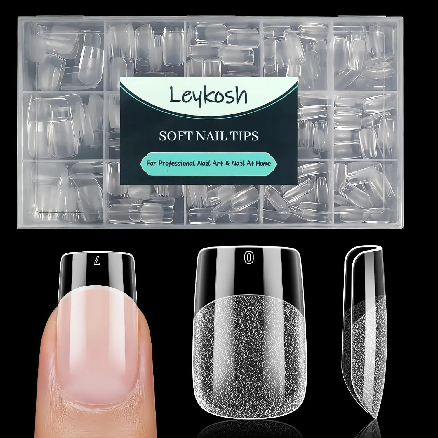 Tips para uñas cortas cuadradas Leykosh 240 unidades transparentes gel