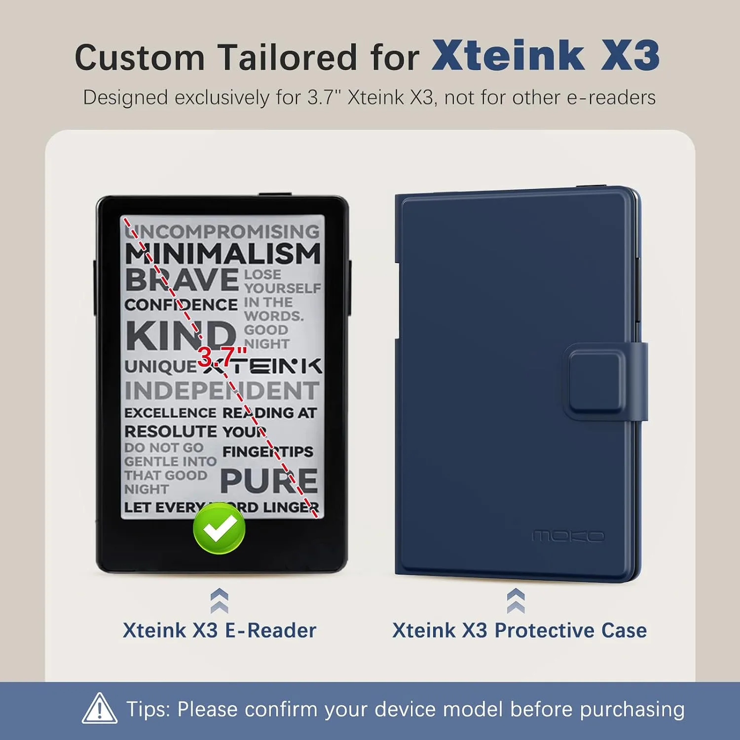 MoKo Magnetic Slim Folio Case for 3.7" XTEINK X3 eReader 2026, Navy Blue