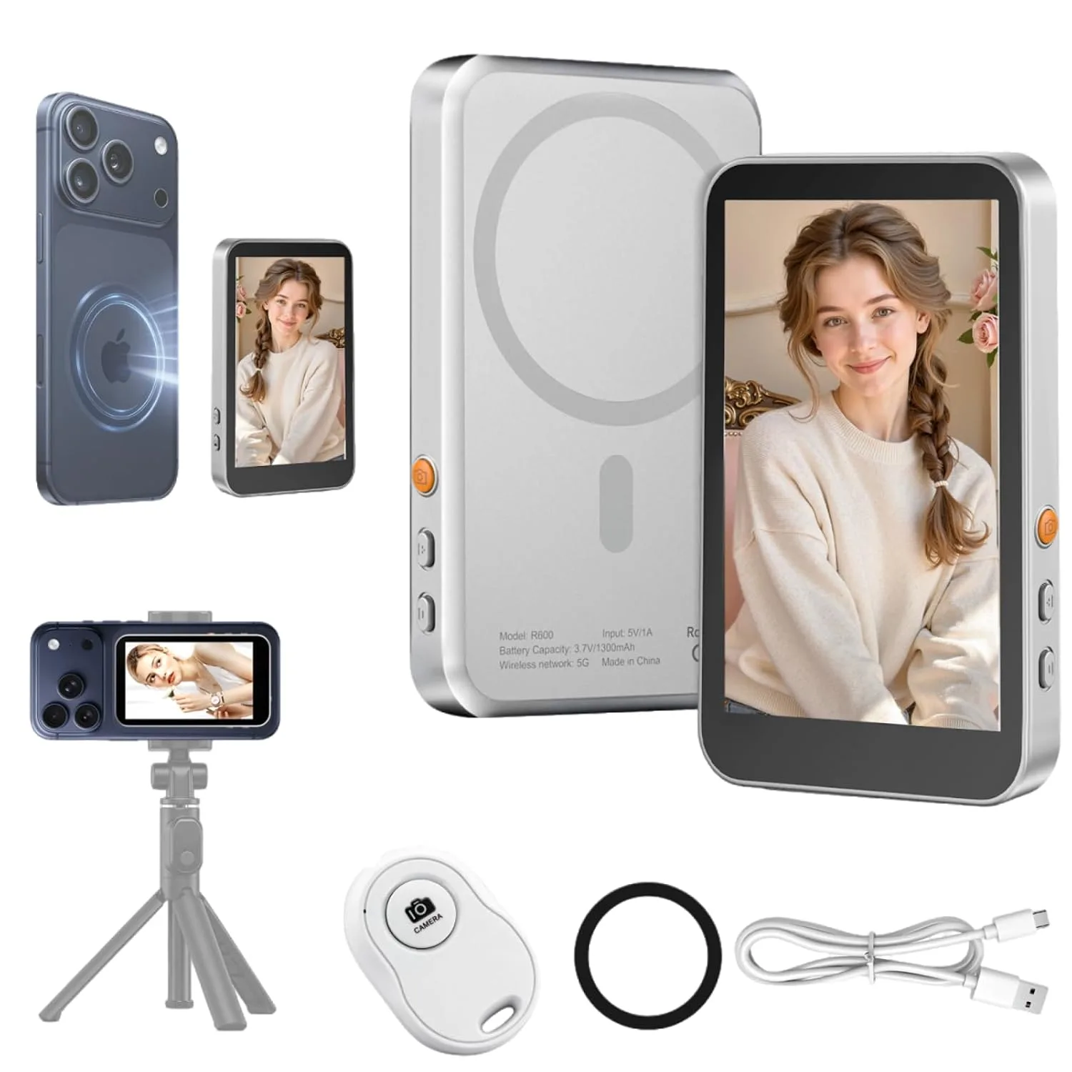 HUOMU Magnetic Vlog Selfie Monitor Screen for iPhone 17 & Android, 4K No Latency Wireless Video Recording with Remote Zoom & Shoot, Content Creator essentials Back Camera Monitor for vlogging YouTube