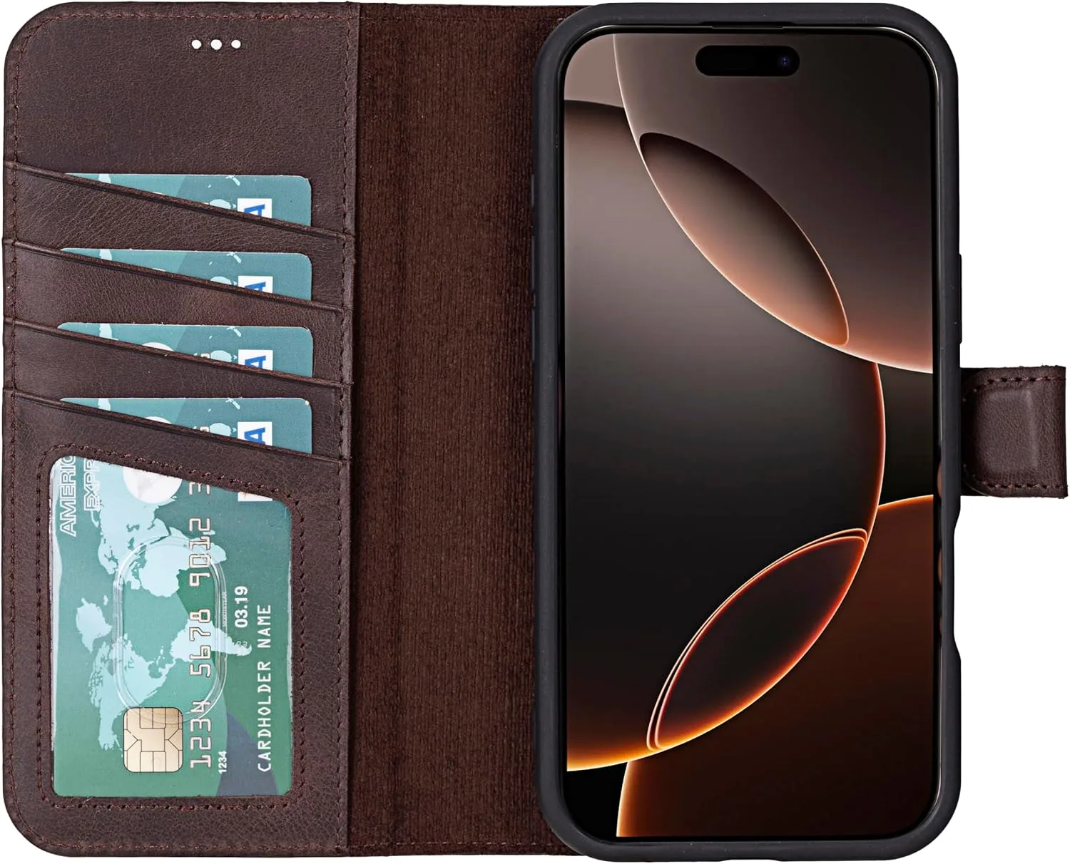 VENOULT Wallet Case for iPhone, Full Grain Genuine Turkish Leather, Magnetic Detachable, RFID 4 Card Slots, Business Style, Compatible with MagSafe (Chocolate, iPhone 16 Pro MAX)