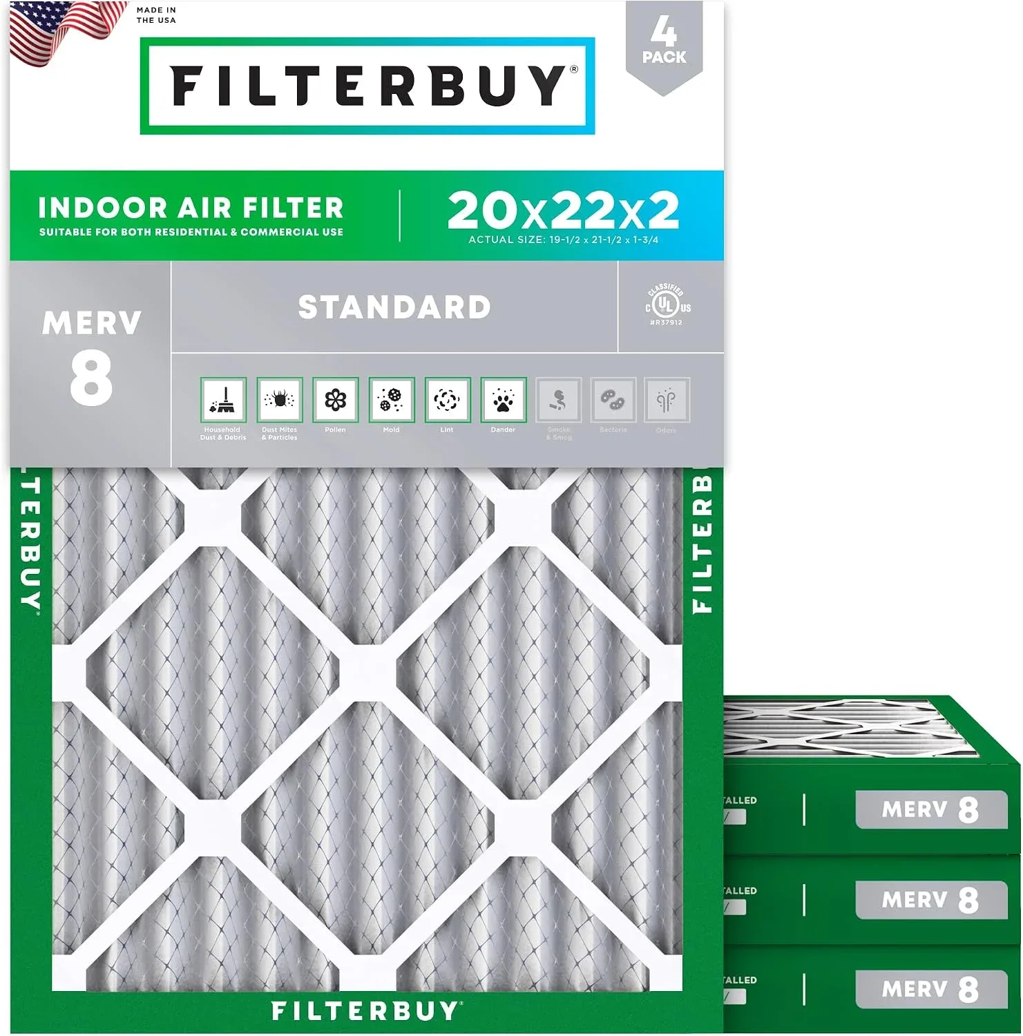 Filterbuy 20x22x2 Air Filter MERV 8 Dust & Allergy Defense (4-Pack)