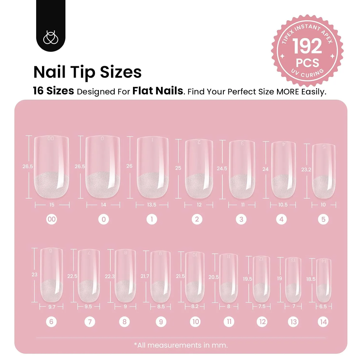 Beetles Tipex Instant Apex Nail Tips, Medium Square, 192pcs 16 Sizes(00-14)