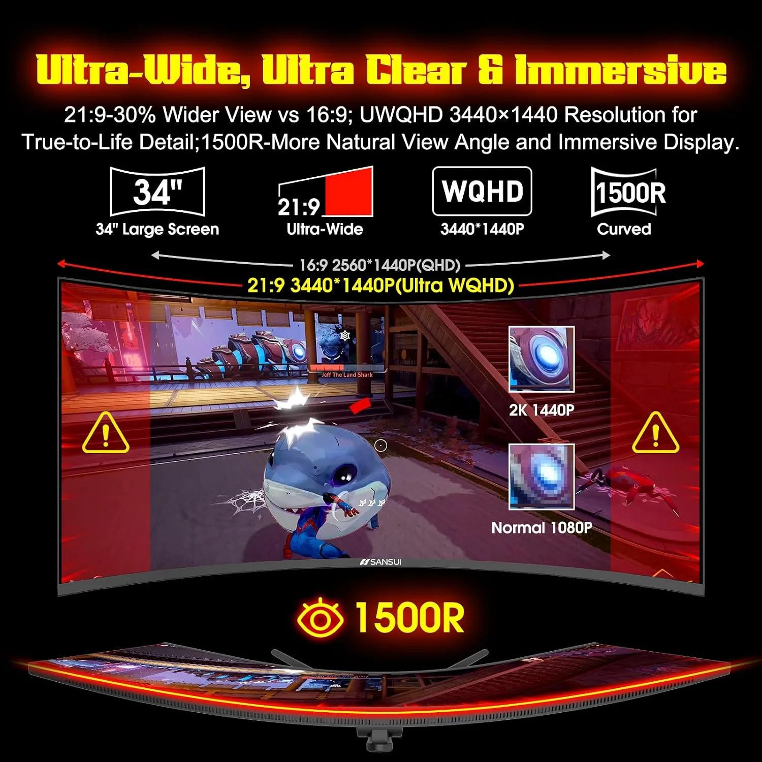 SANSUI 34 Inch Curved Monitor 240Hz UWQHD 3440×1440 Gaming Monitor