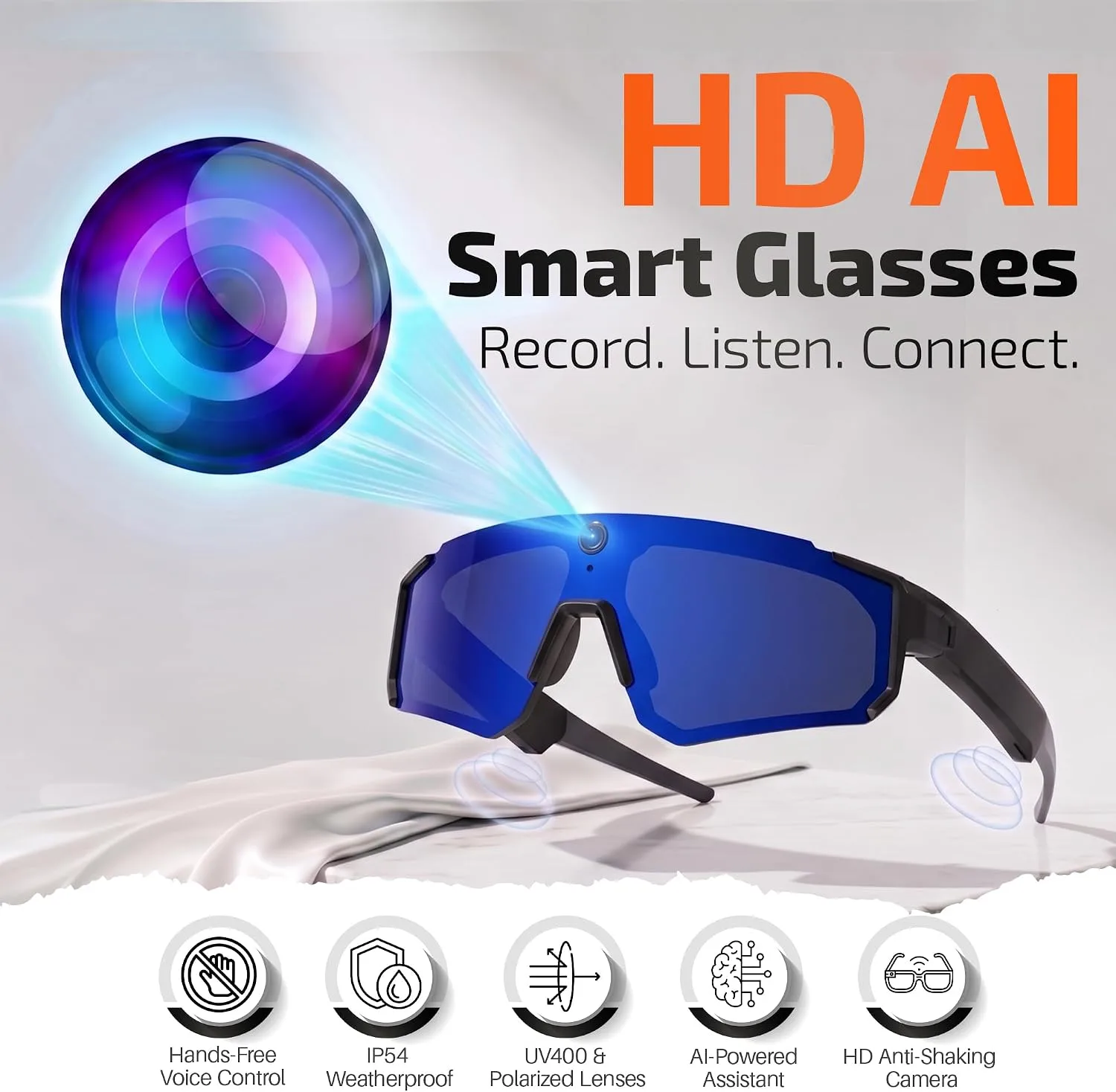 AI Smart Glasses with 32MP & 1200P Video Camera,Waterproof Recording,Voice Assistant,Open-Ear Audio,Dual Mic Noise Reduction,EIS Stabilization,Lightweight & Comfortable Outdoor Sports (Blue)