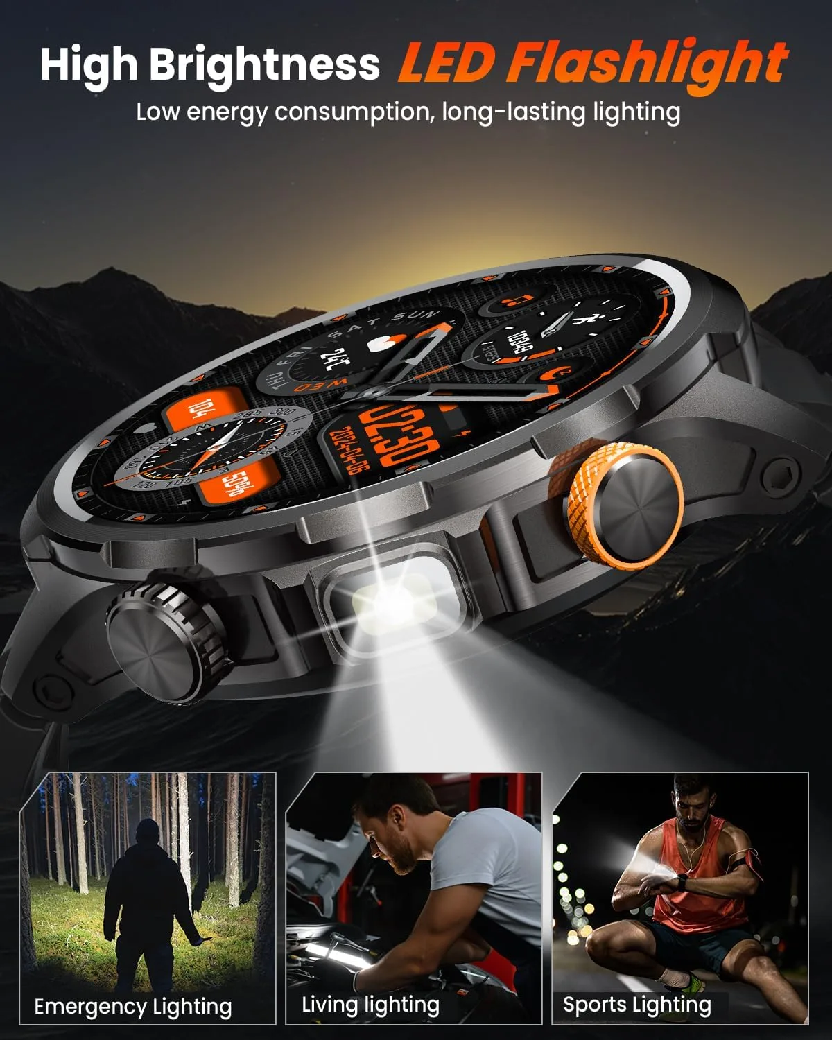 Military Smartwatch for Men 1000mAh Fitness Tracker Rugged Men Watch 2Bands