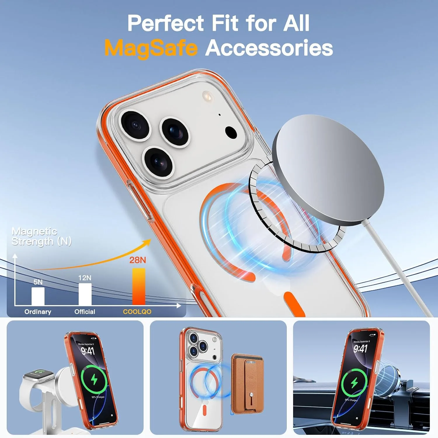 COOLQO Magnetic for iPhone 18/17 Pro Max Case, Crystal Clear, Orange