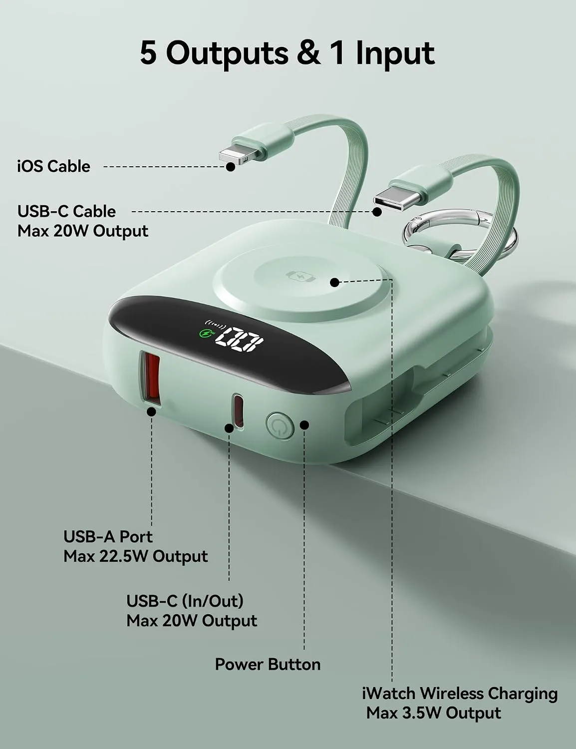 Portable Charger 10000mAh 22.5W Power Bank Built-in 2 Cables Keychain
