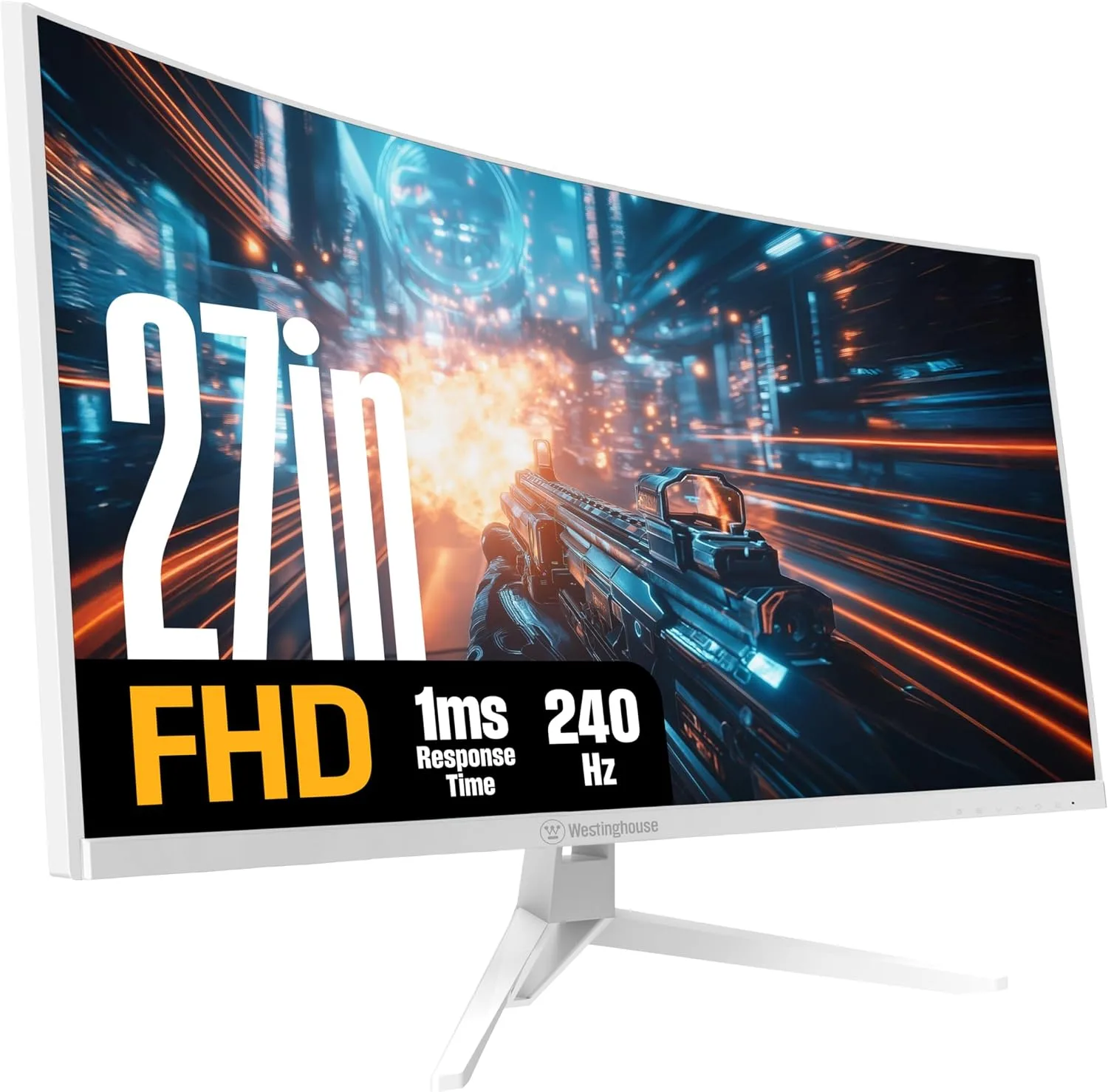 Westinghouse 27 Inch Curved Gaming Monitor, 240Hz, 1ms, 4000:1 Contrast Ratio, 118% sRGB, 1500R, FHD 1080P, AMD FreeSync, Eyecare, for PC Games with Built-in Speakers, DisplayPort, HDMI-White