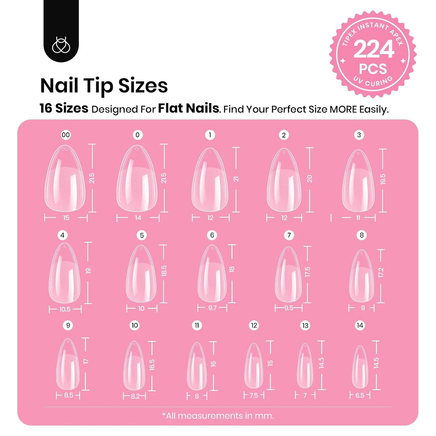 Beetles Tipex Instant Apex Nail Tips Kit, Short Almond, 224pcs 16 Sizes
