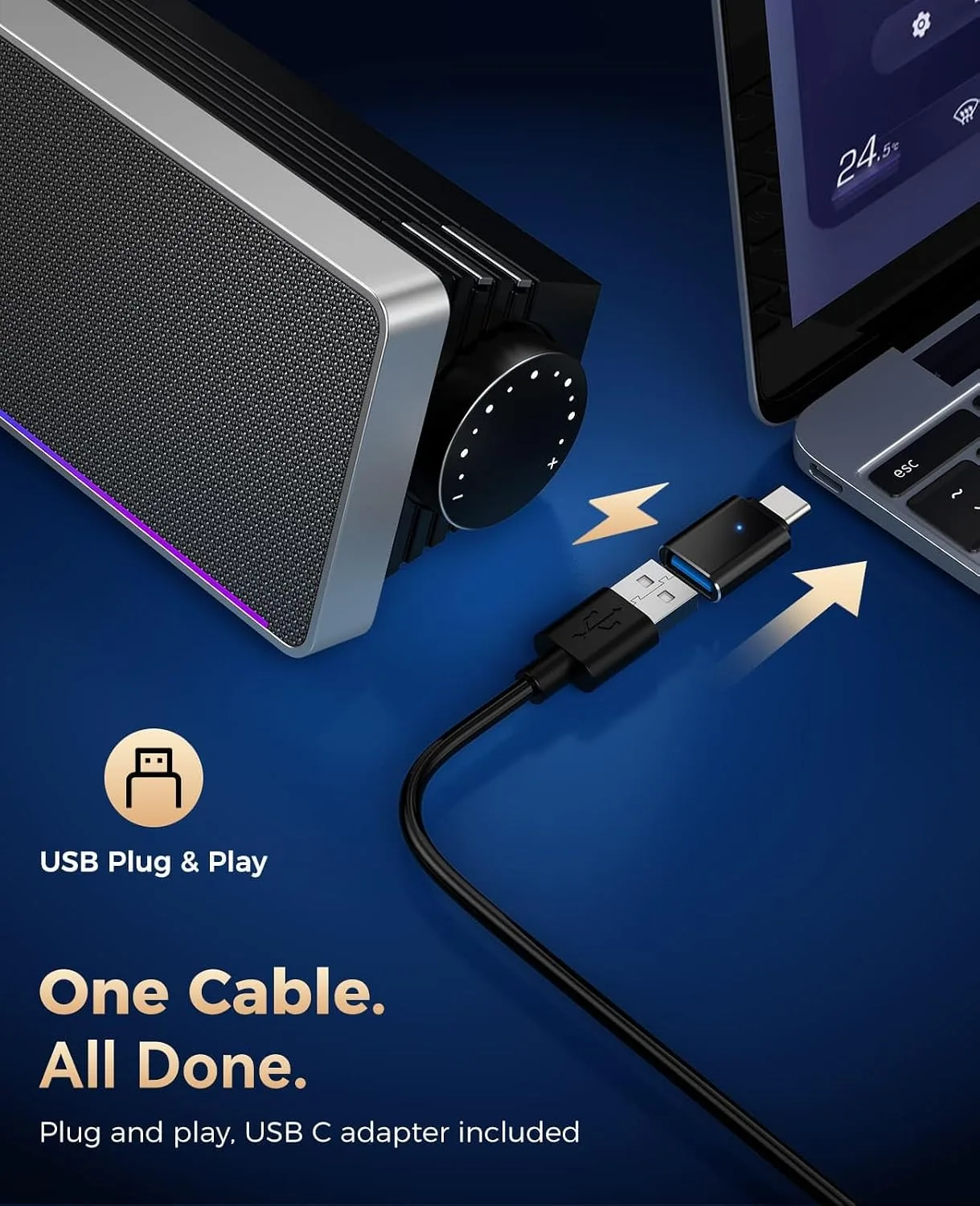 Kunodi USB Computer Speakers for Desktop PC, Stereo External Speakers with Dynamic Lights, Plug and Play, Easy Buttons, USB/USB C Powered Sound Bar for Desktop & Laptop, Desk