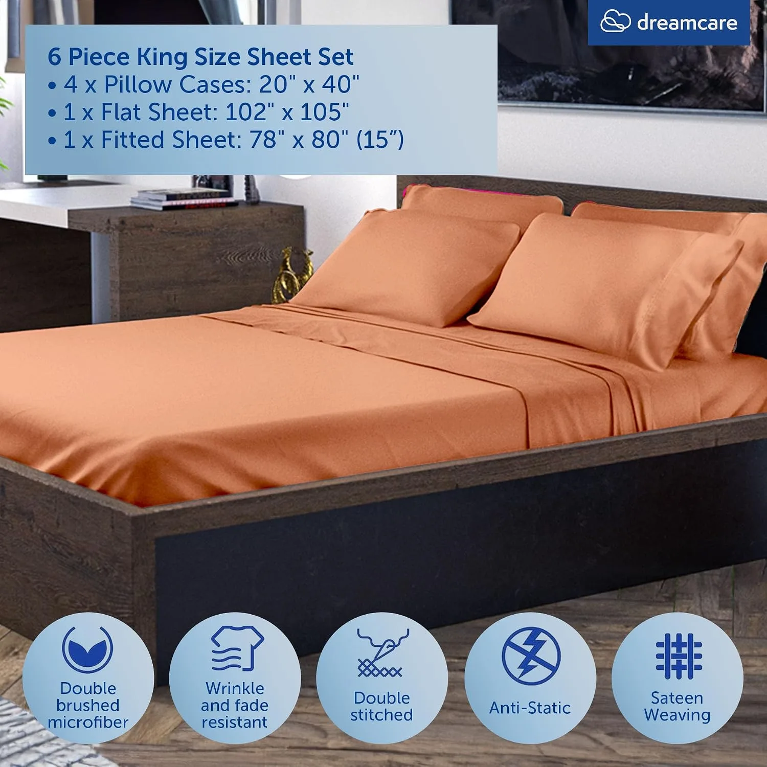DREAMCARE King Size Sheets Set - 6 pcs Breathable Cooling Sheets King Size