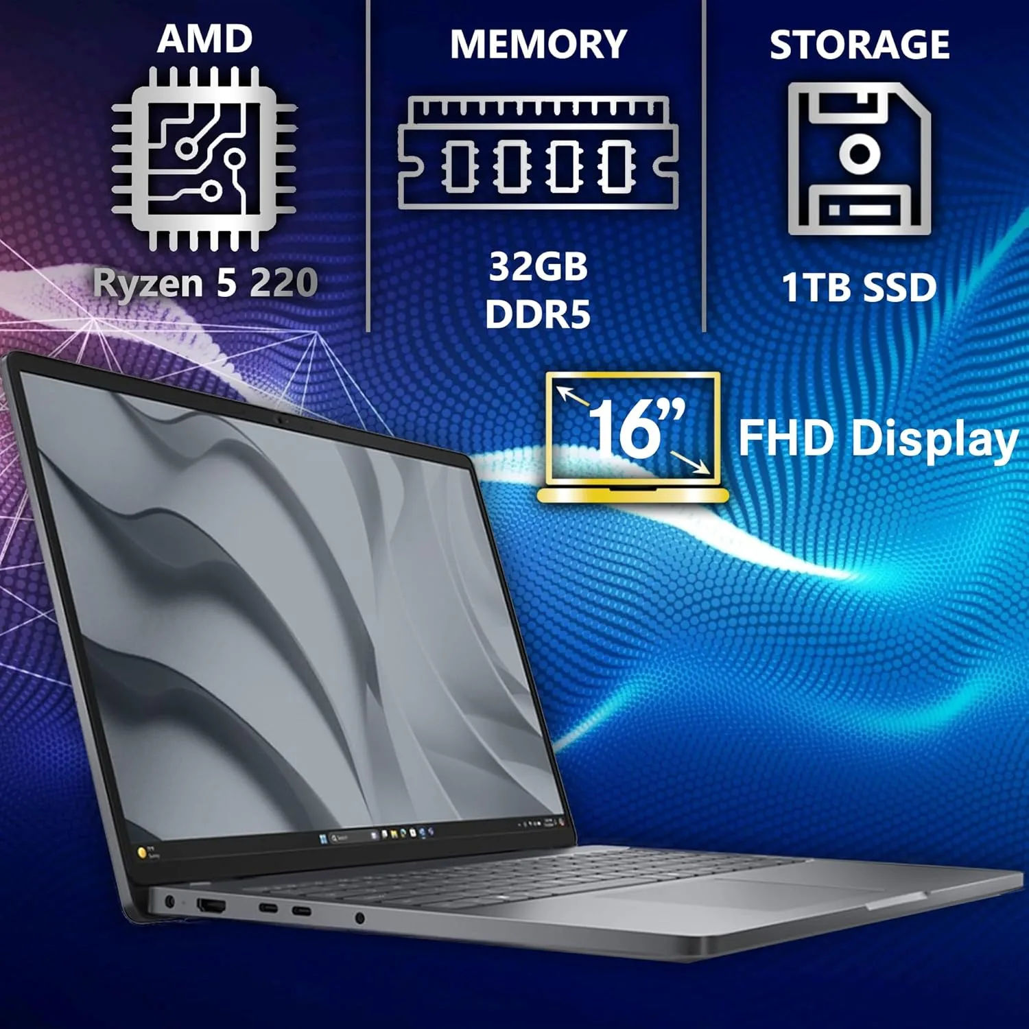 Dell Pro 16 Business Laptop, 16" FHD+ Display (Replaces Latitude 3550), AMD Ryzen 5 220 Processor, 32GB DDR5 RAM, 1TB PCIe SSD, WiFi 6E + BT, RJ-45, HDMI, Backlit Keyboard, HD Webcam, W11Pro - Black