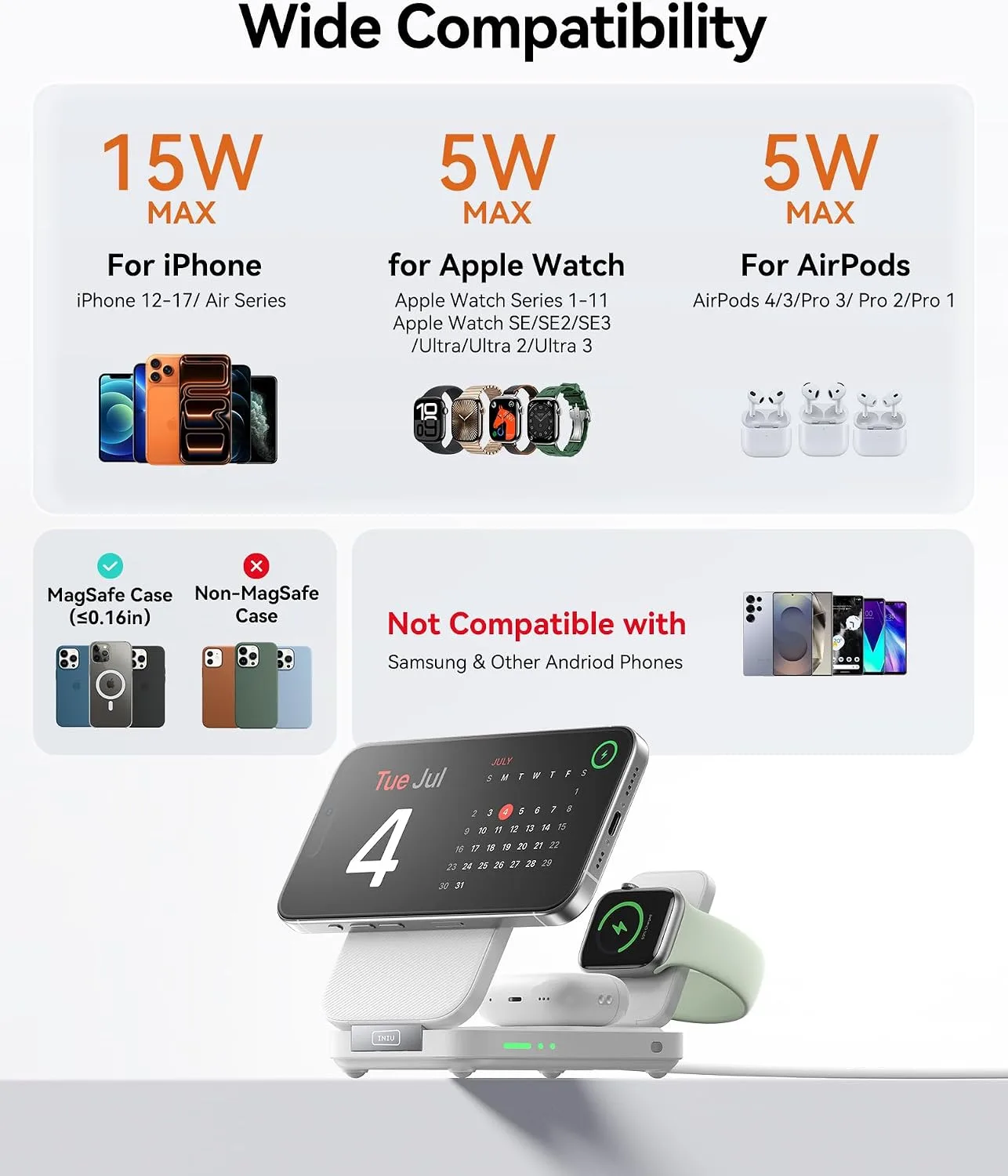 INIU 3 in 1 Foldable Wireless Charging Station, 15W Fast Mag-Safe Charger