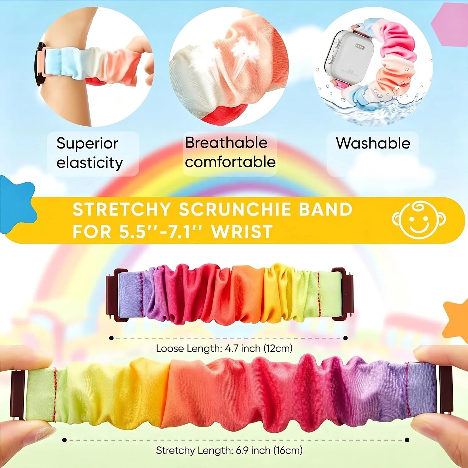 4 Pack Kids Scrunchie Bands Compatible with Gizmo Watch 3 2 1/Gabb Watch 3e 3 2 1/Sync UP Watch/Cosmo Jr Track Watch, 20mm Stretchy Solo Loop Cute Band for Boys & Girls