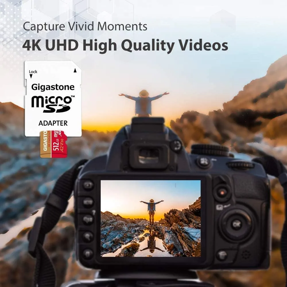 【5-Yrs Free Data Recovery】 GIGASTONE 512GB Micro SD Card, 4K Camera Pro, A2 V30 for Smartphone, Gopro, Action Cams, 4K UHD Video Recording, R/W up to 150/120 MB/s, UHS-I U3 C10 Class 10 with Adapter