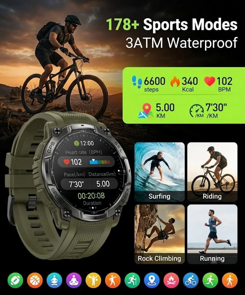 Military Smart Watch for Men, Built-in GPS, Bluetooth Call, 3ATM Waterproof
