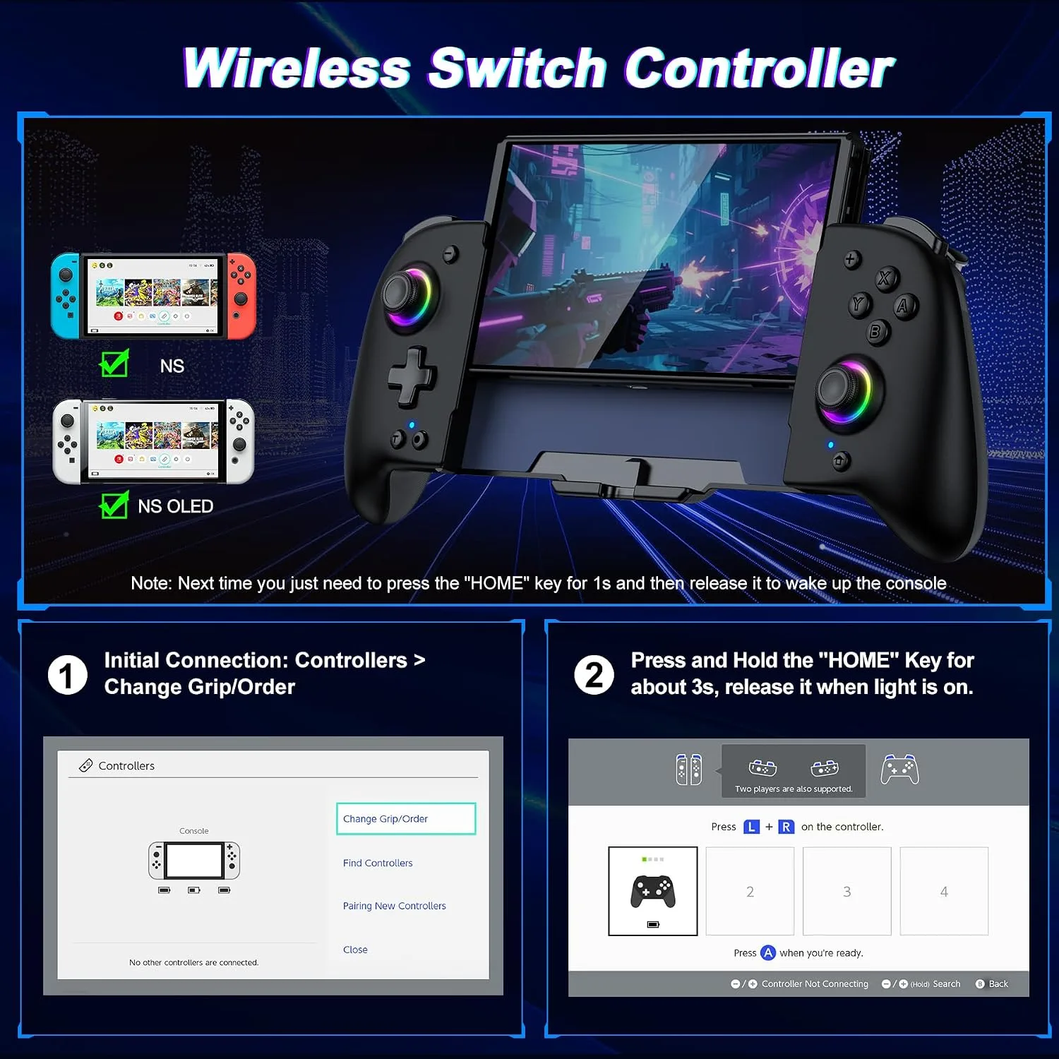 Gammeefy Switch Controller – Hall Effect Joysticks & Enhanced Grip – One Piece Switch Joypad Replacement Switch Pro Controller with 8-Color RGB Lighting, Turbo, Macros - Black, 6.2"/7"