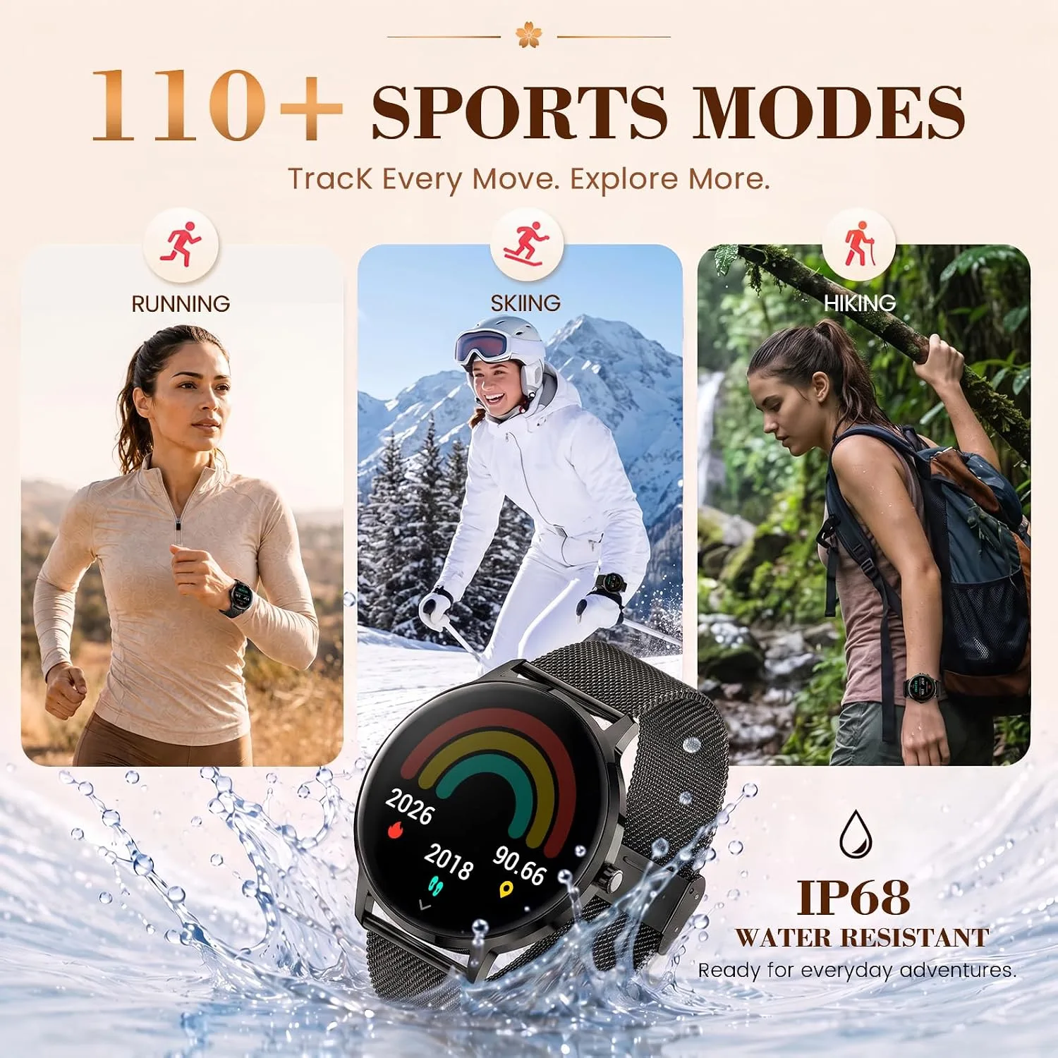 WalkerFit Smart Watch for Women Android/iPhone, 1.32" Curved AMOLED 2 Bands