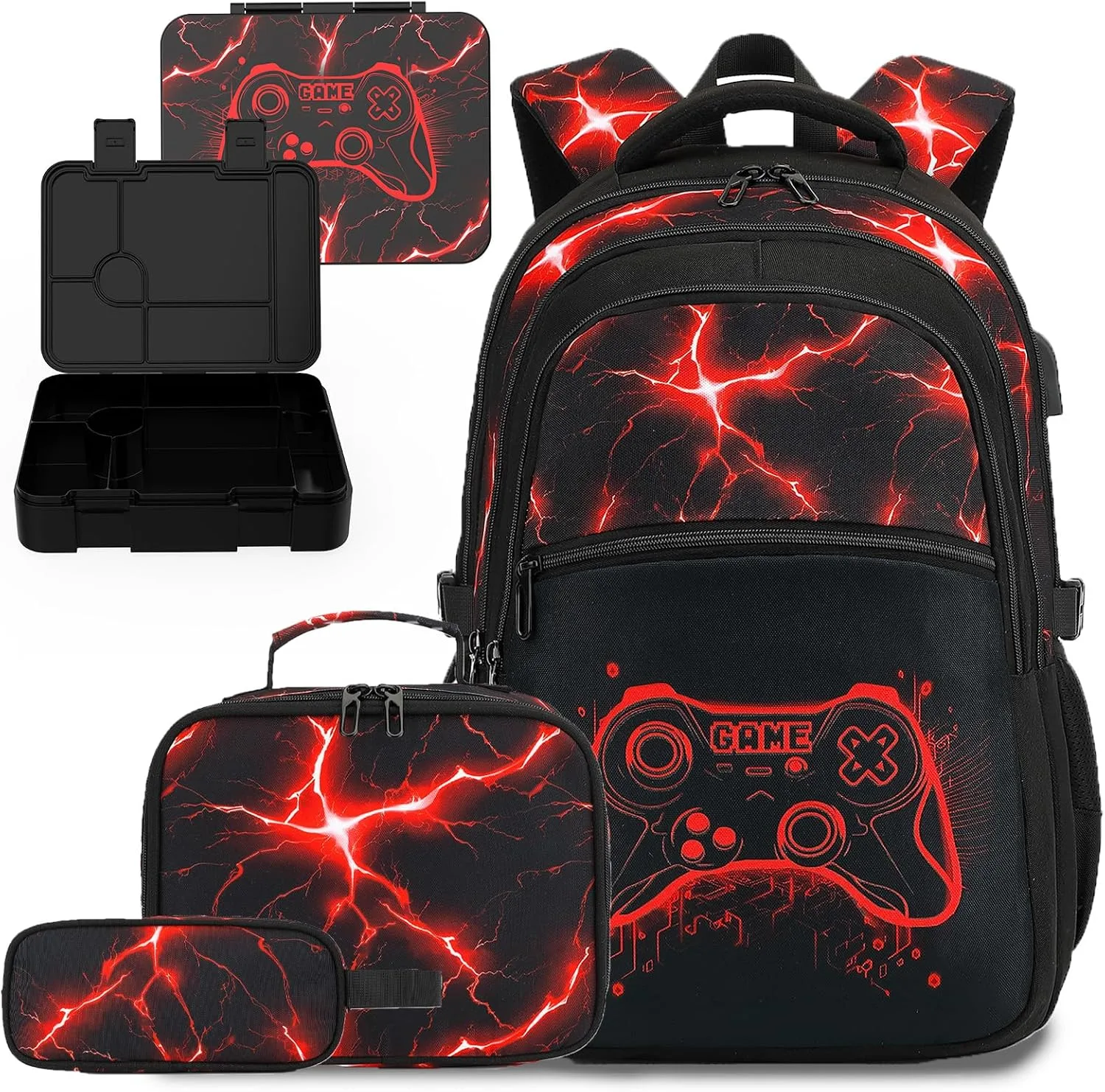 DIGOBAY Boys Backpack for School, 6PCS Cool Luminous Gamer Backpack for Boys with Kids Bento Box Lunch Bag Pencil Case, Kids Backpacks Bookbag for Teen Boys Elementary Middle High School