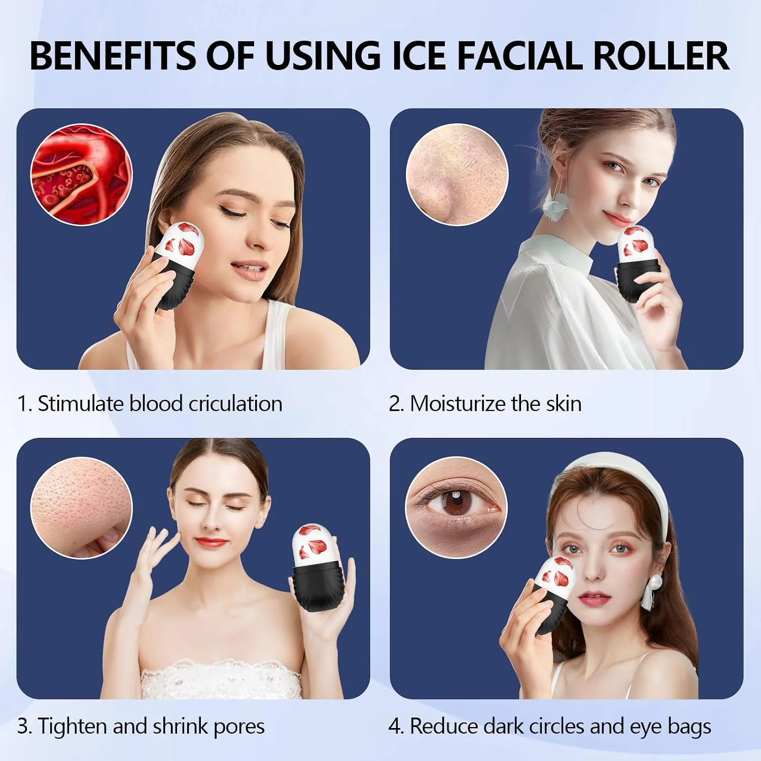 Ice Roller for Face and Eye, Reusable Silicone Ice Facial Roller Ice Holder, Face Ice Mold Skin Care, Ice Cube Roller for Shrink Pores Anti Wrinkle Reduce Puffiness, Black