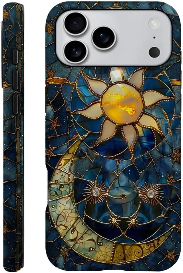 Case Compatible with iPhone 18 Pro Max/iPhone 17 Pro Max,Fall Prevention Hybrid 2-Layer Hard Shell Phone Cover for Girls Boys,Sun Moon Celestial Glass