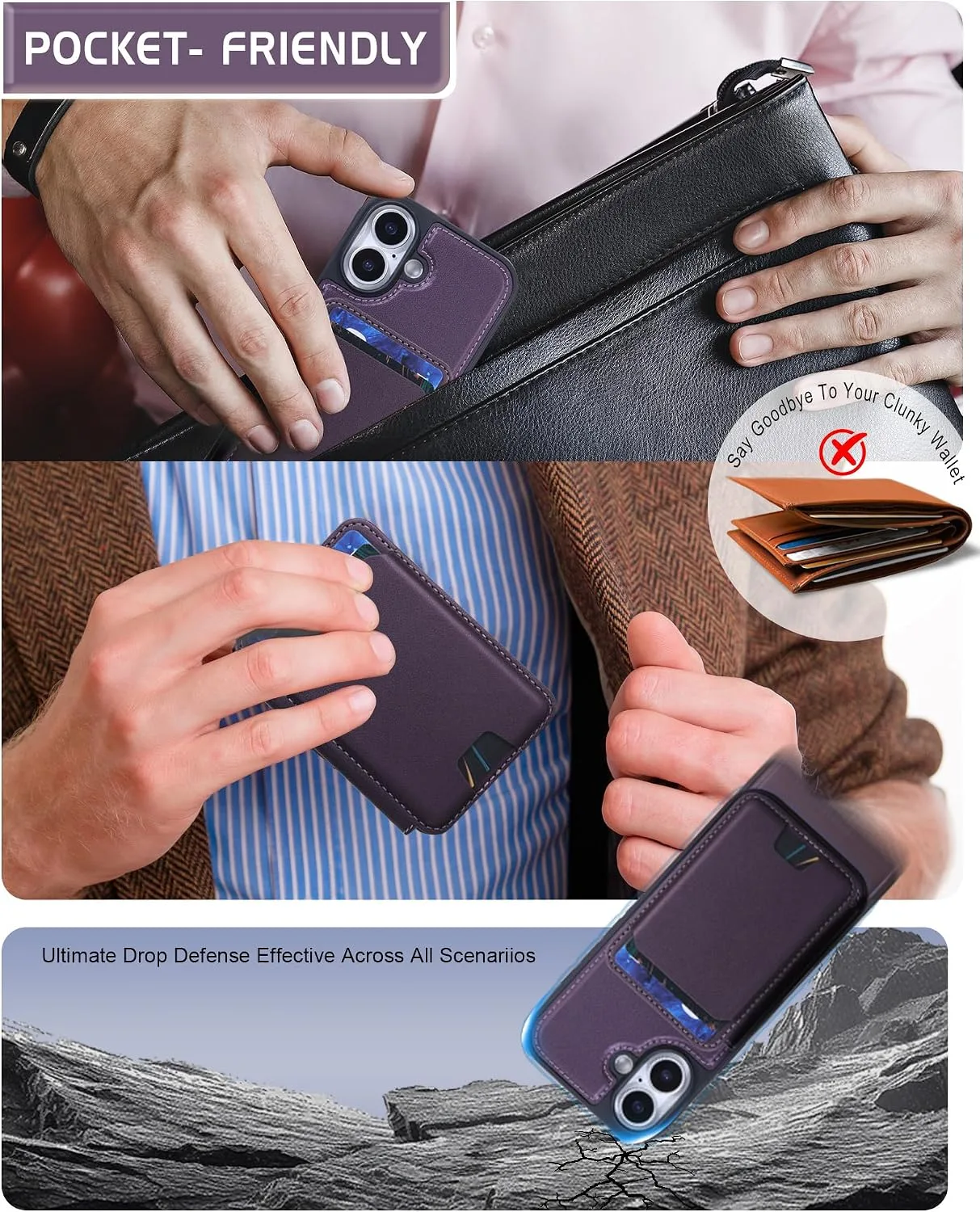 Magnetic Detachable Wallet Case for iPhone 17 with Kickstand,2-in-1 MagSafe Compatible RFID Blocking Card Holder,Slim PU Leather Cover Purple