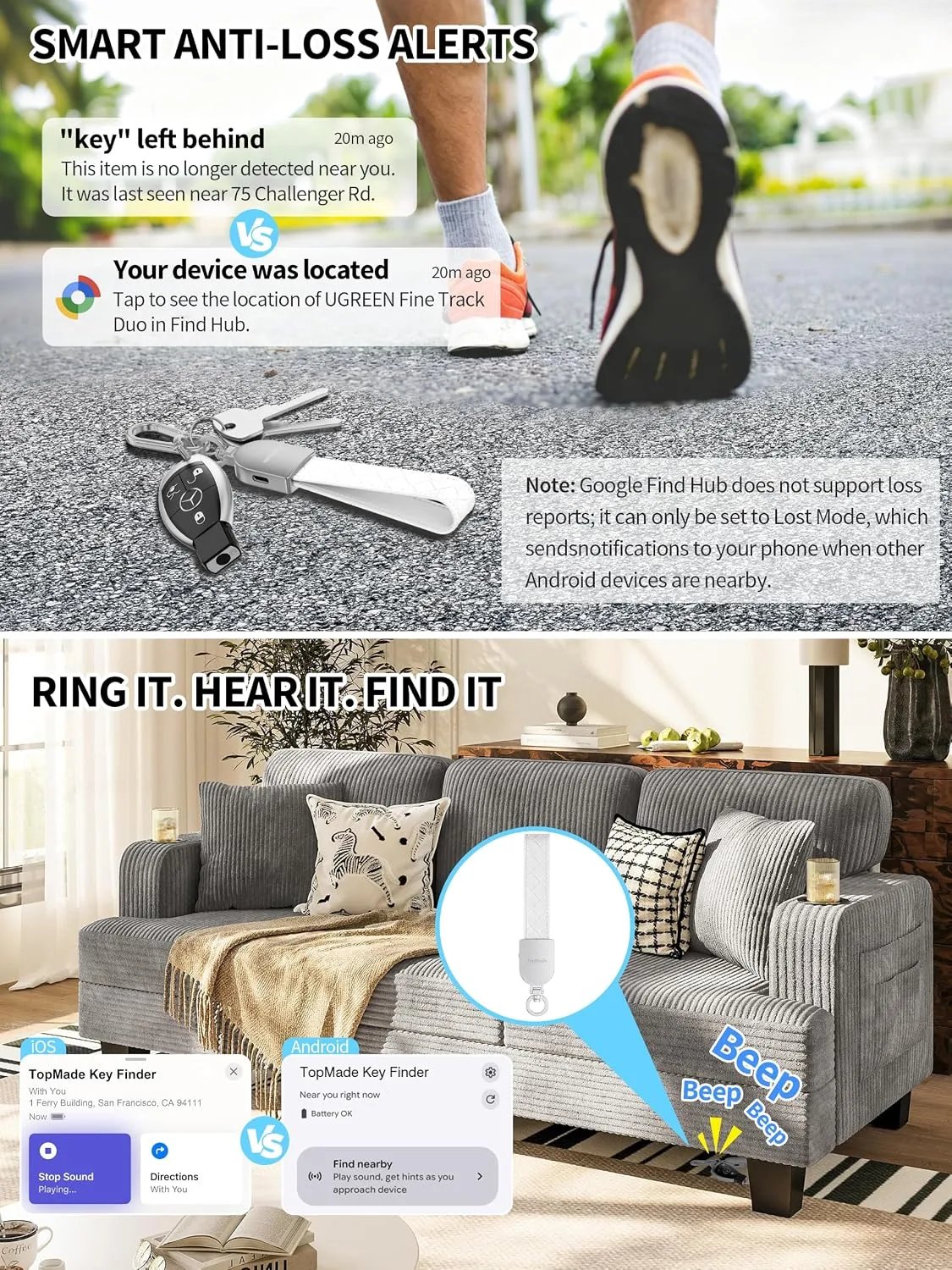 Smart Keychain Tracker (iOS & Android), Car Key Finder, White & Silver