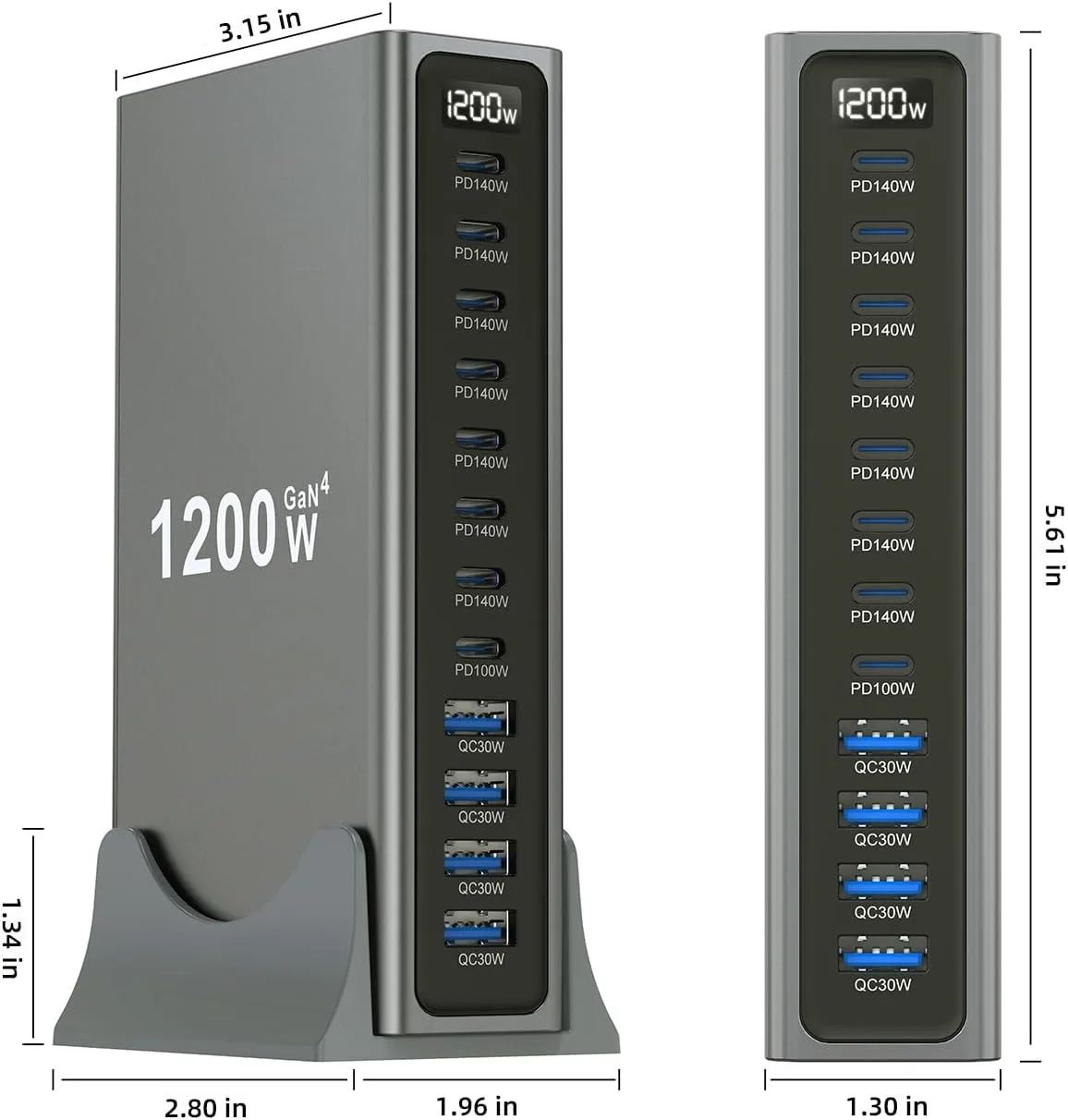 1200W GaN4 USB C Desktop Charging Station with 6.6FT 240W Cable, 12-in-1 Multiport Fast Charger Hub with Stand, 7X PD 140W Multi-Device Power Station for Laptops Tablets and Phones