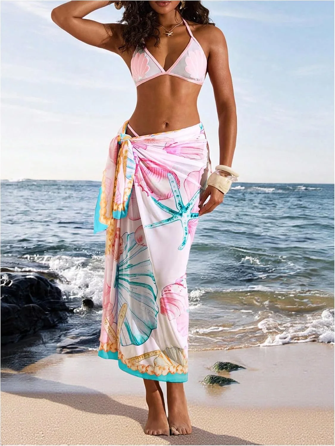 Floerns Women's Vacation Cover Up Floral Sheer Beach Sarong Wrap Swim Skirts