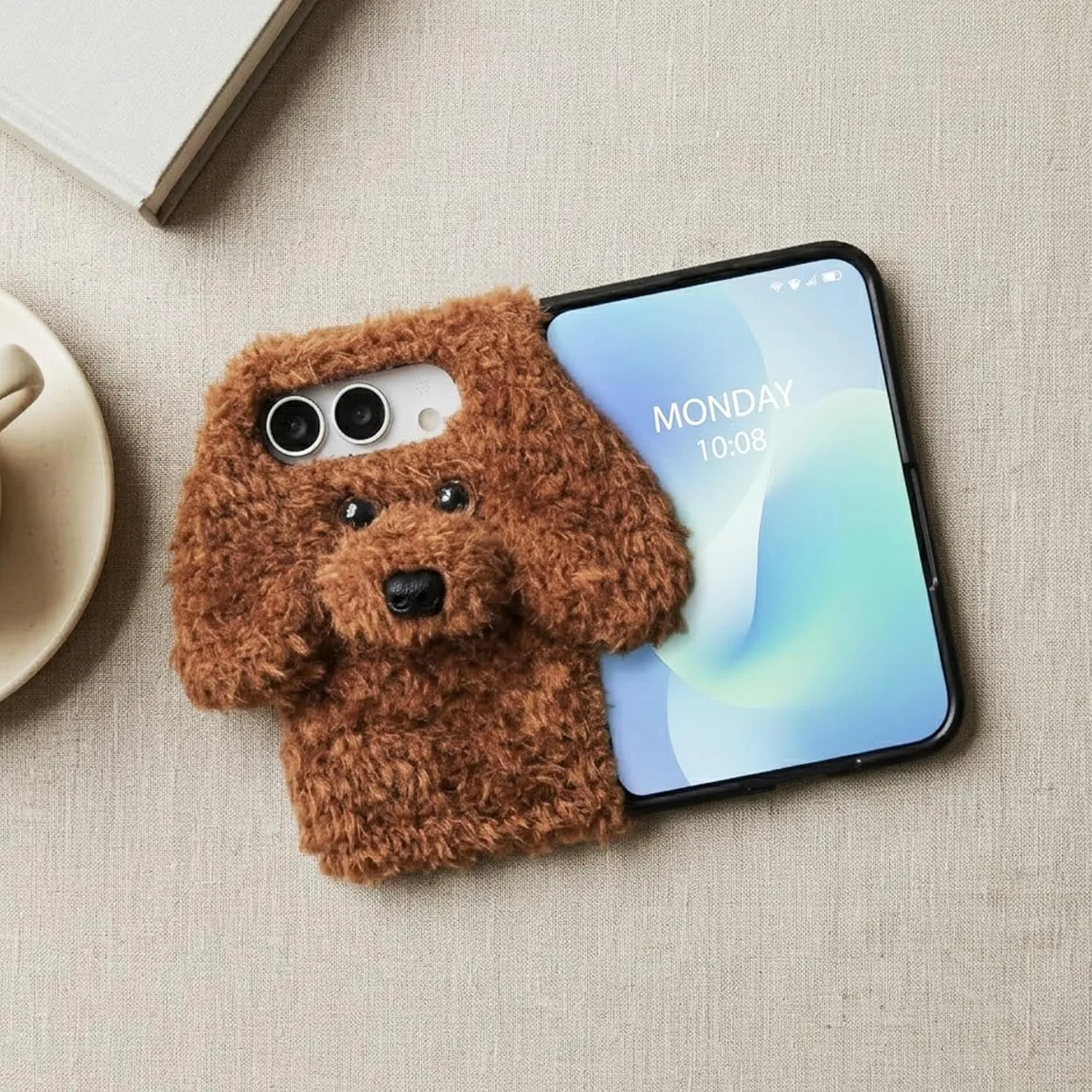 Losin for iPhone Duo Plush Furry Dog Cartoon Case, Brown