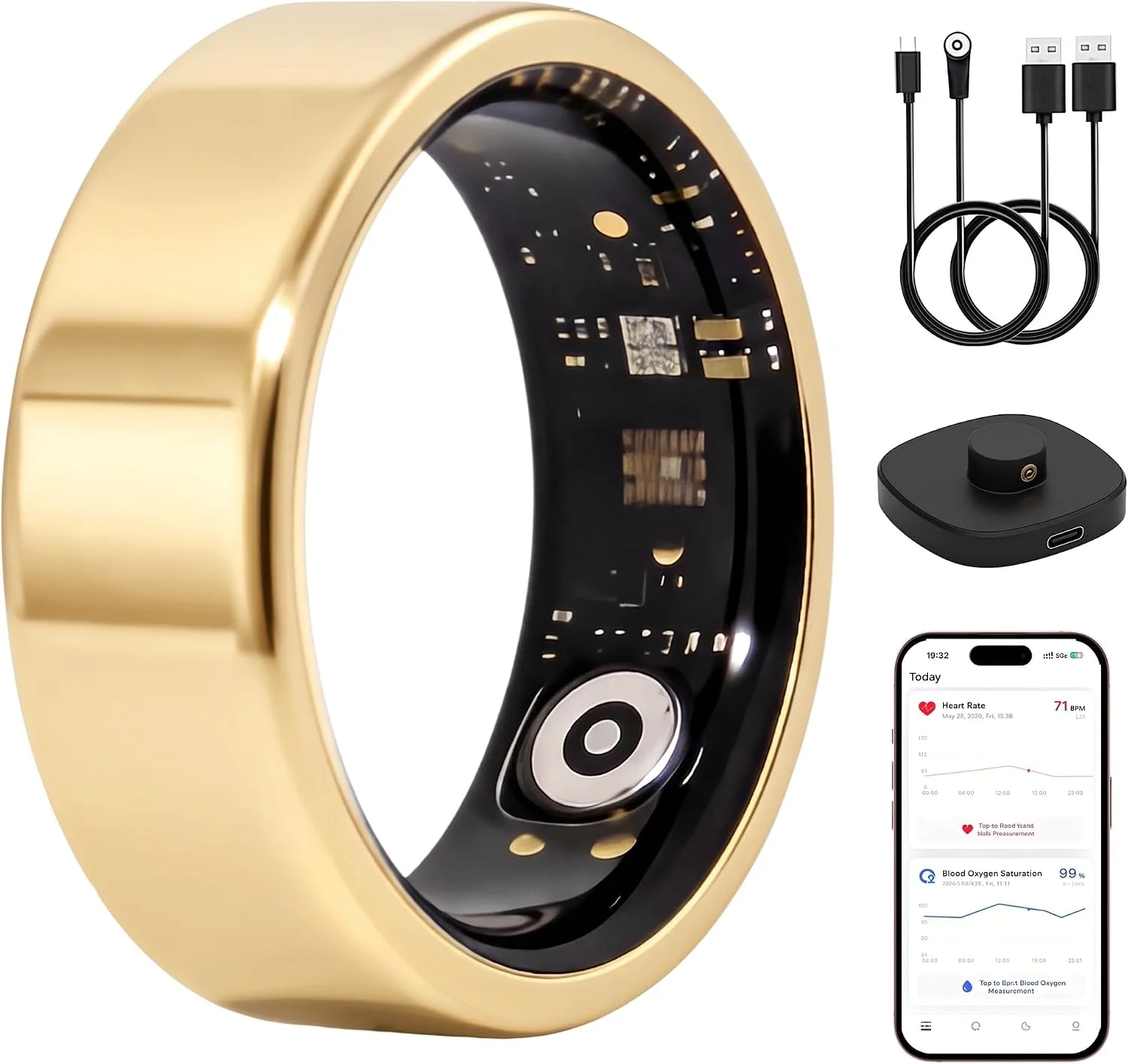 Smart Ring for Women & Men, Fitness Tracker Ring No App Fee (Gold 9)