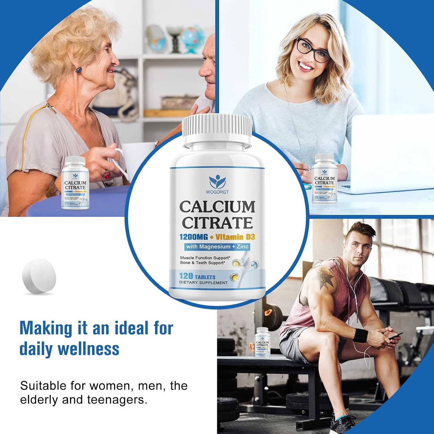 Calcium Citrate 1200mg Supplement with Vitamin D3 for Women & Men, 120Ct