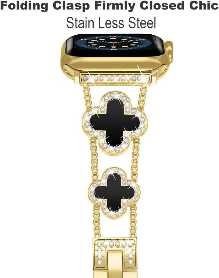 Musk-MSKR Diamond Metal Bands Add Sparkle to Your Watch For Apple Watch Series 12/11/10/9/8/7/6/5/4/3/2/SE/Ultra Clover Simple and Stylish Compatible with 38mm40mm41mm42mm44mm45mm 46mm49mm Women's Wear