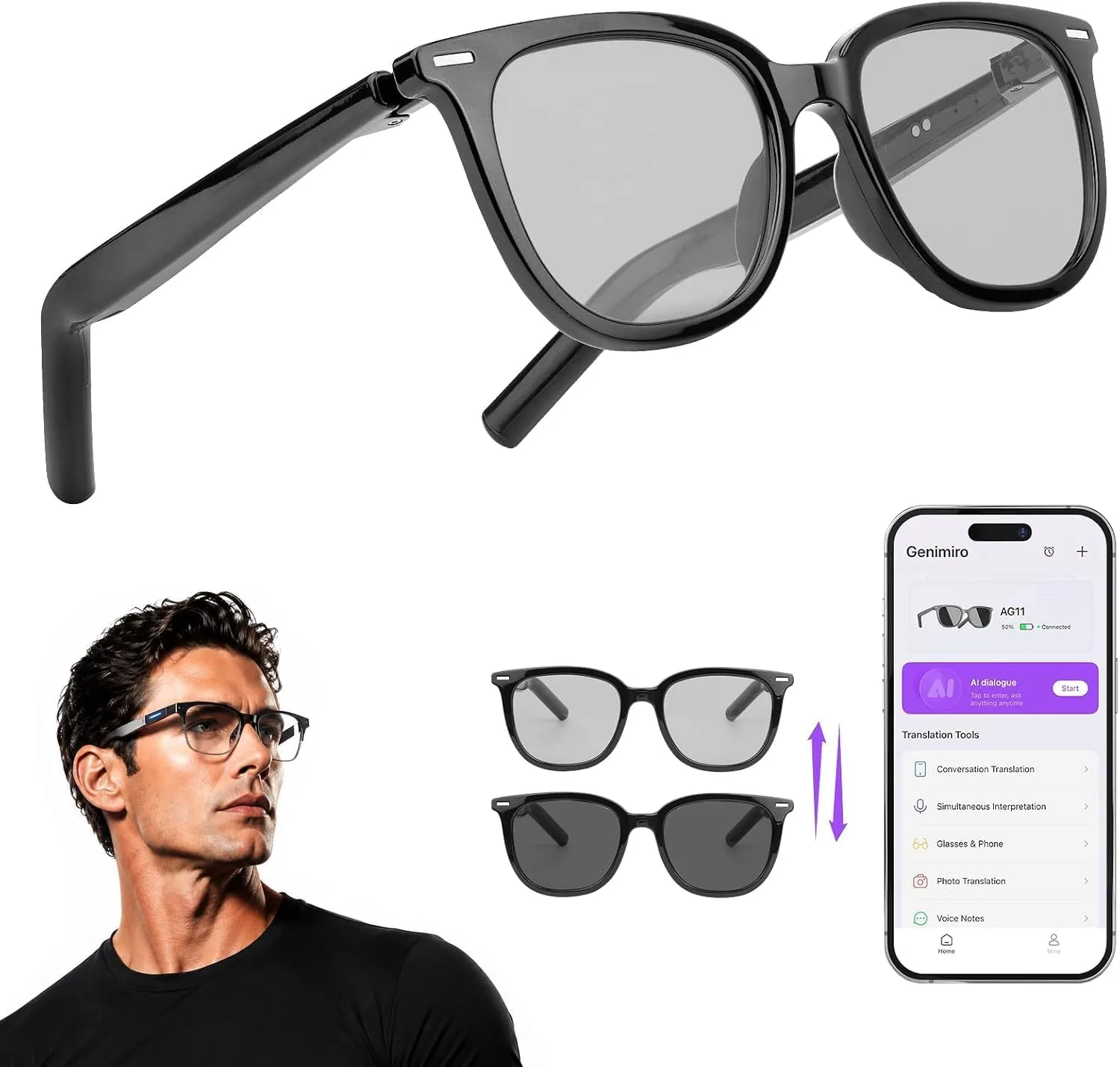 AI Smart Glasses Color Changing Translation Sunglasses Camera-Free Privacy