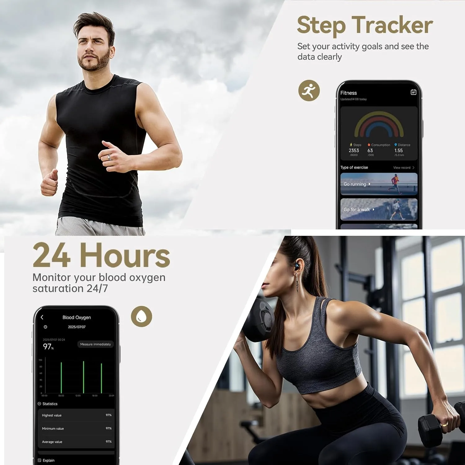 Smart Ring for Women & Men, Fitness Tracker with Heart Rate, Blood Oxygen, Sleep Monitoring, Long-Lasting Battery, No Subscription, IP68 Waterproof (Rose Gold, #7)
