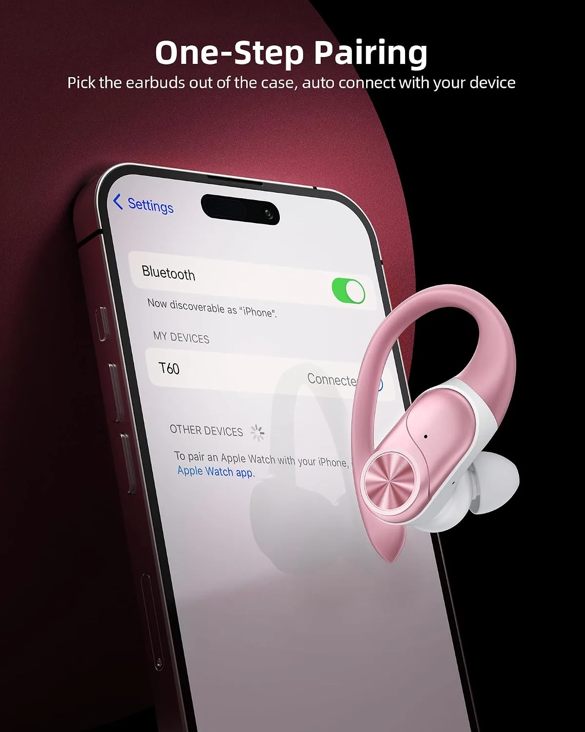 PocBuds Bluetooth Headphones Wireless Earbuds 80hrs Playtime Wireless Charging Case Digital Display Sport Ear Buds with Earhook Deep Bass IPX7 Waterproof Over-Ear Earphones for Phone Laptop Rose Gold
