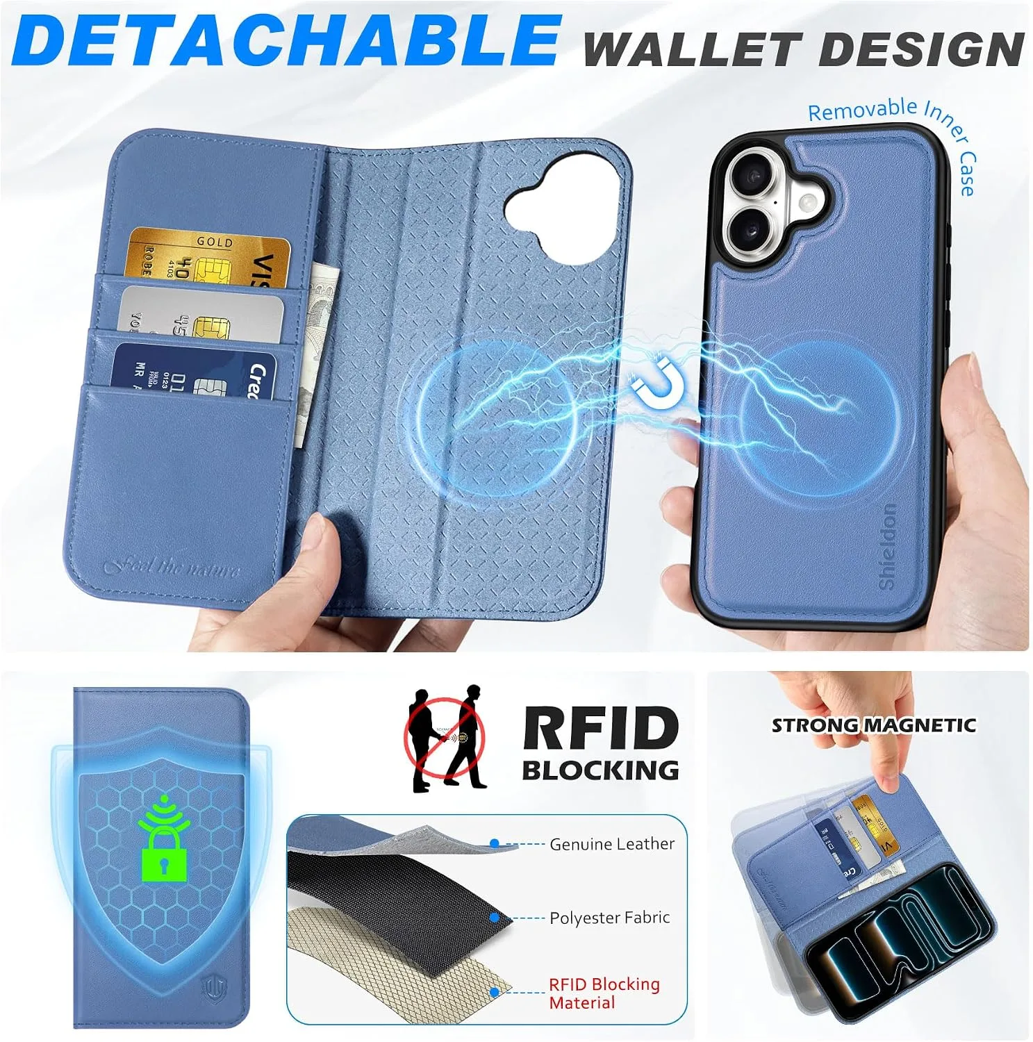 SHIELDON 2 in 1 Genuine Leather Wallet Case for iPhone 17, Wisteria Purple