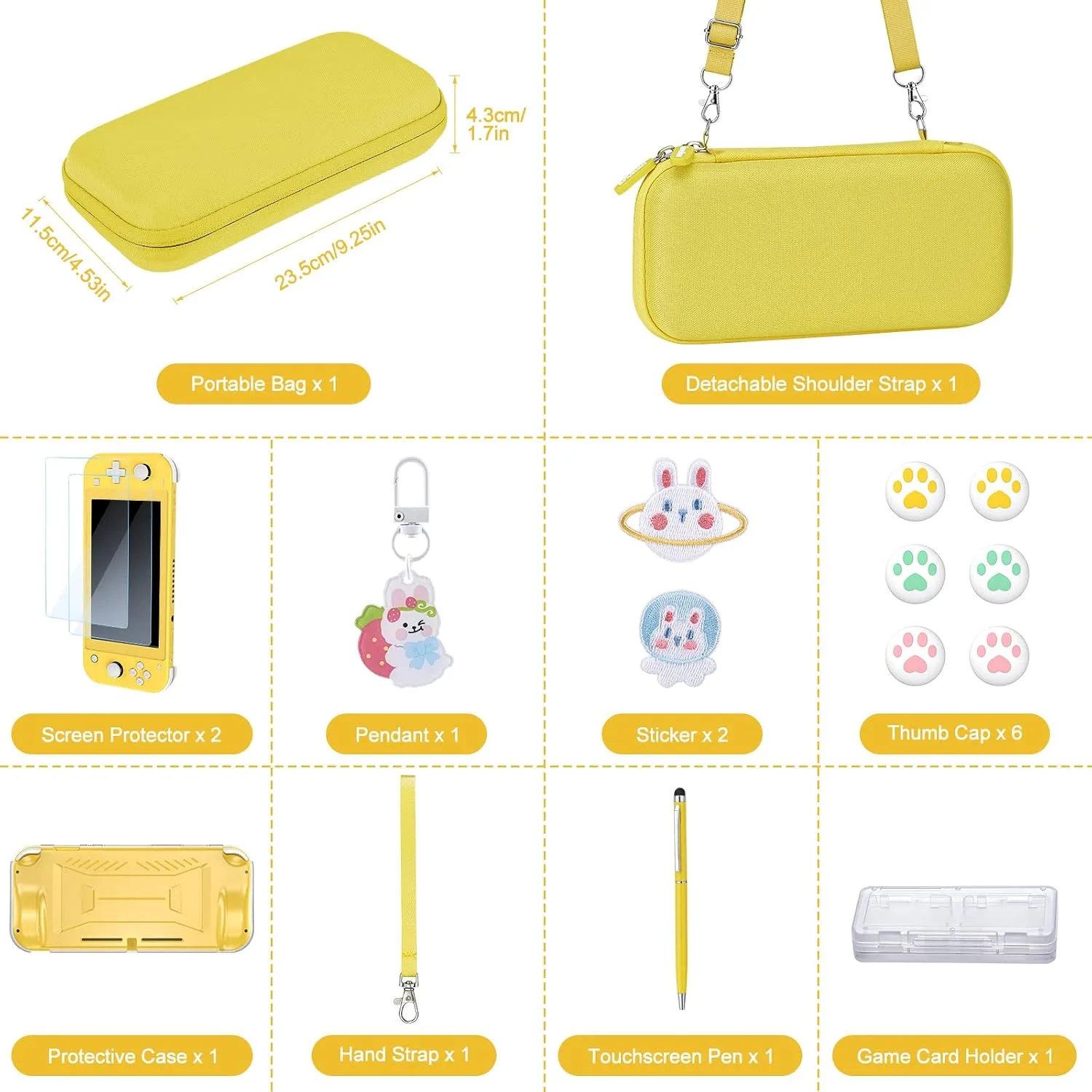 innoAura Switch Lite Case 18-in-1 Accessories Bundle for NS Switch Lite (2019), with Protective Carrying Case, Game Holder, Screen Protector & Cute Thumb Grips, Yellow