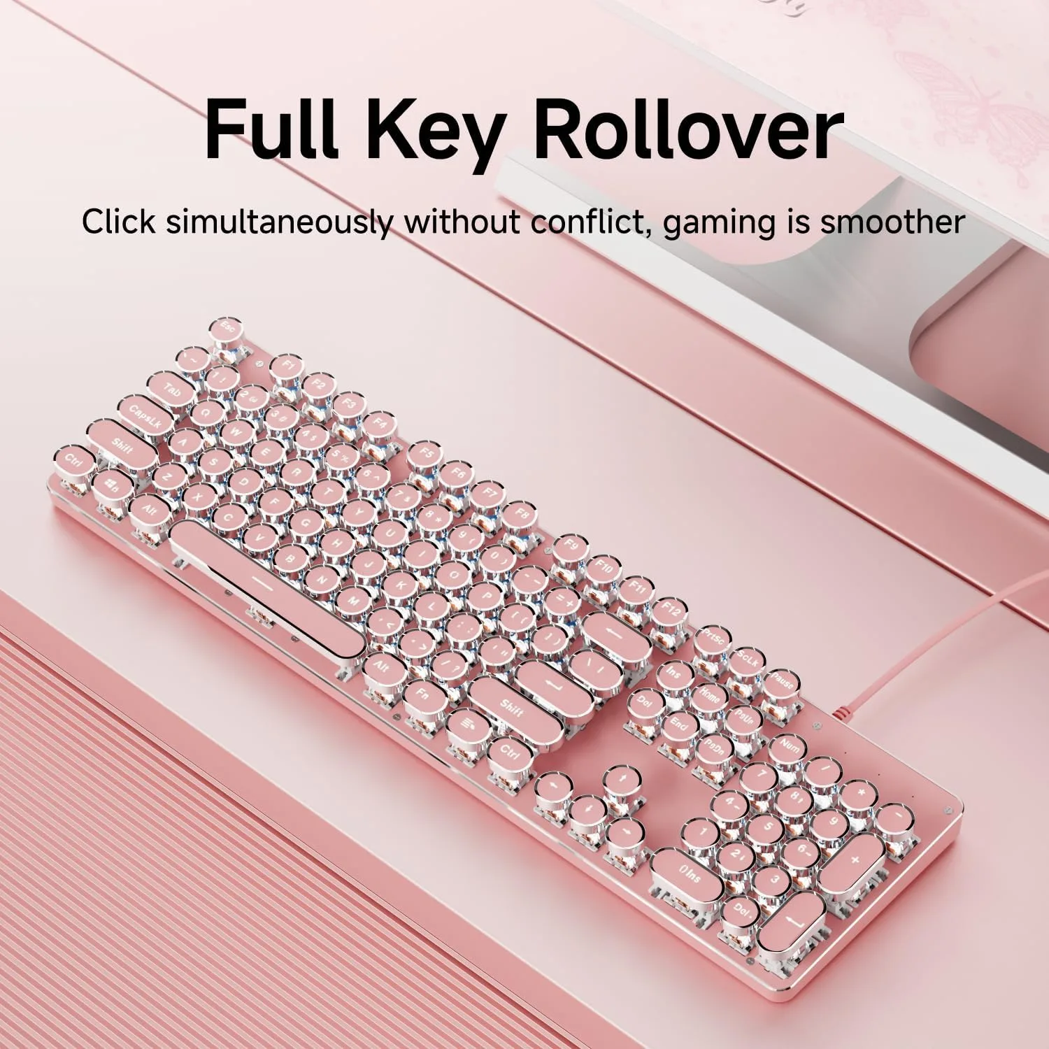 Wired Typewriter Style Mechanical Keyboard with White Backlit, Cute-Pink