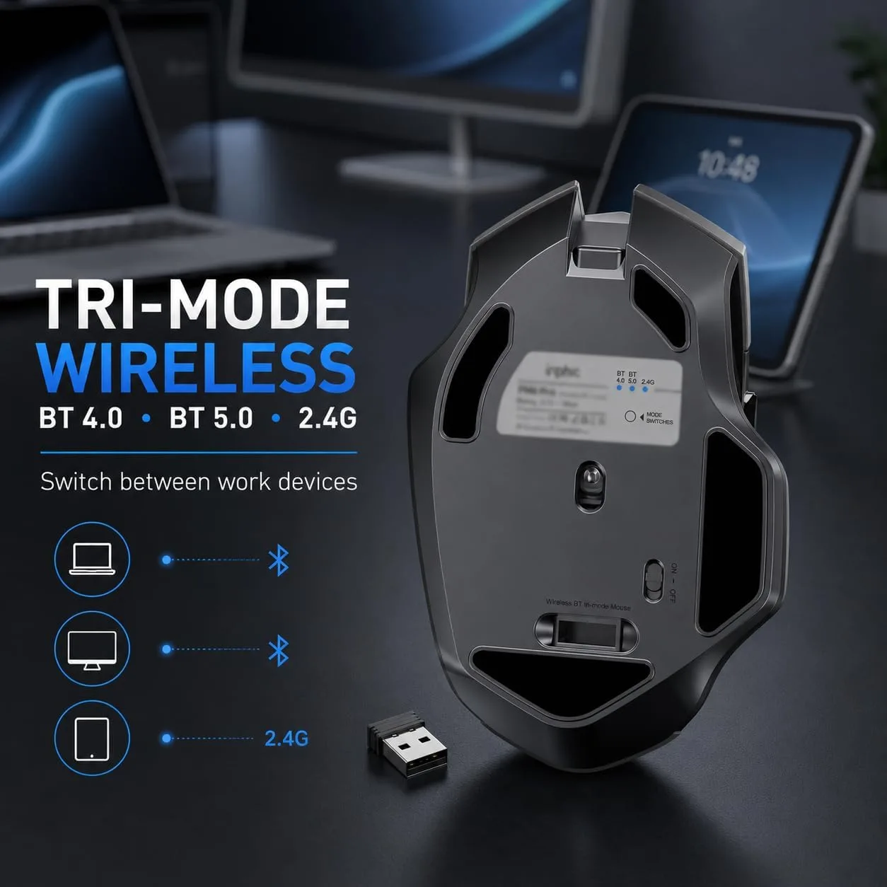 INPHIC Bluetooth Mouse Wireless, Tri-Mode, Upgraded Visible Battery