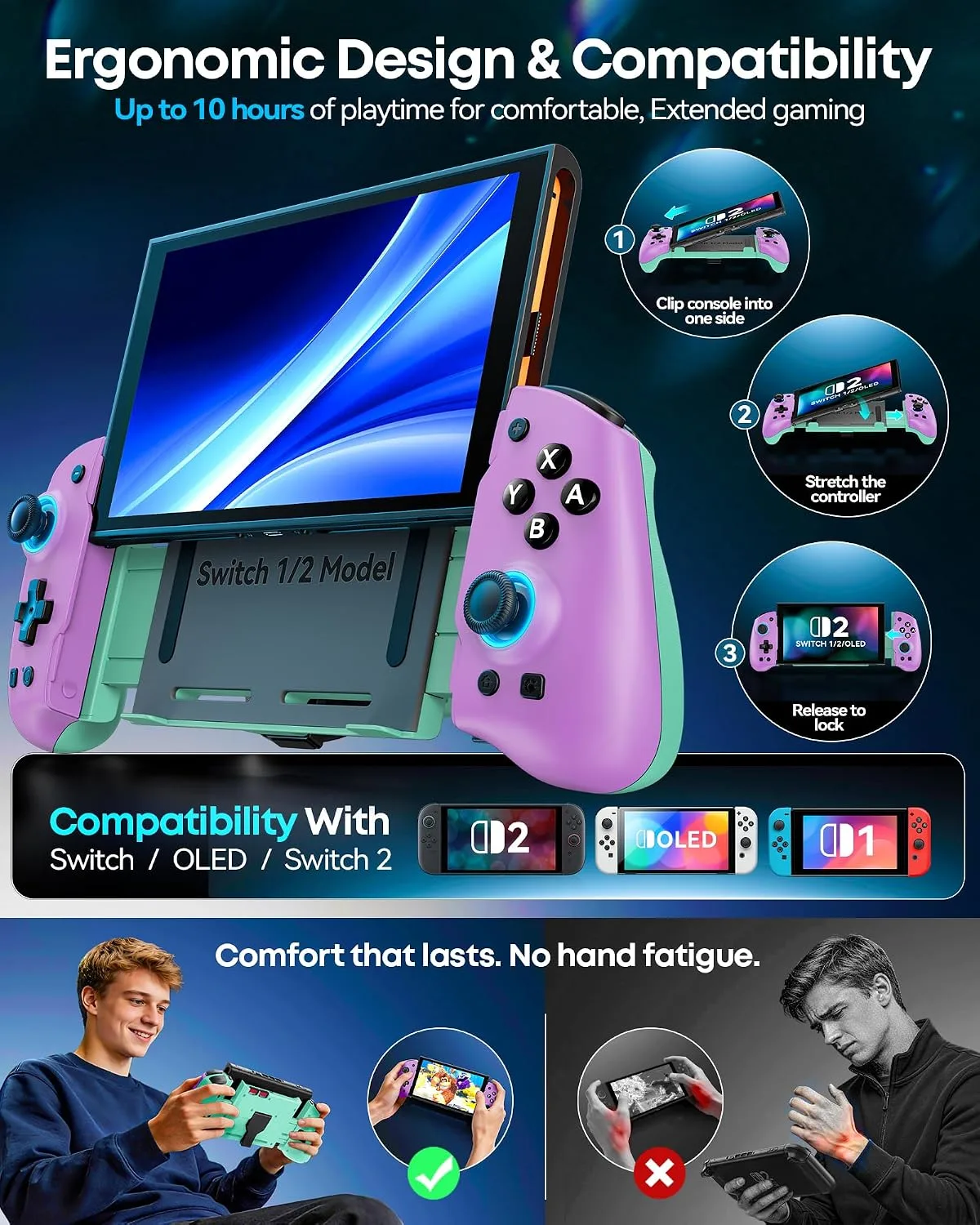OIVO Switch 1/2 Controller for Original/OLED/Switch 2 Console, Stretchable Switch Handheld Joypad Ergonomic Grip for NS Pro Controller with RGB Light, TMR Joystick, Turbo, 4 Macro, Purple & Green