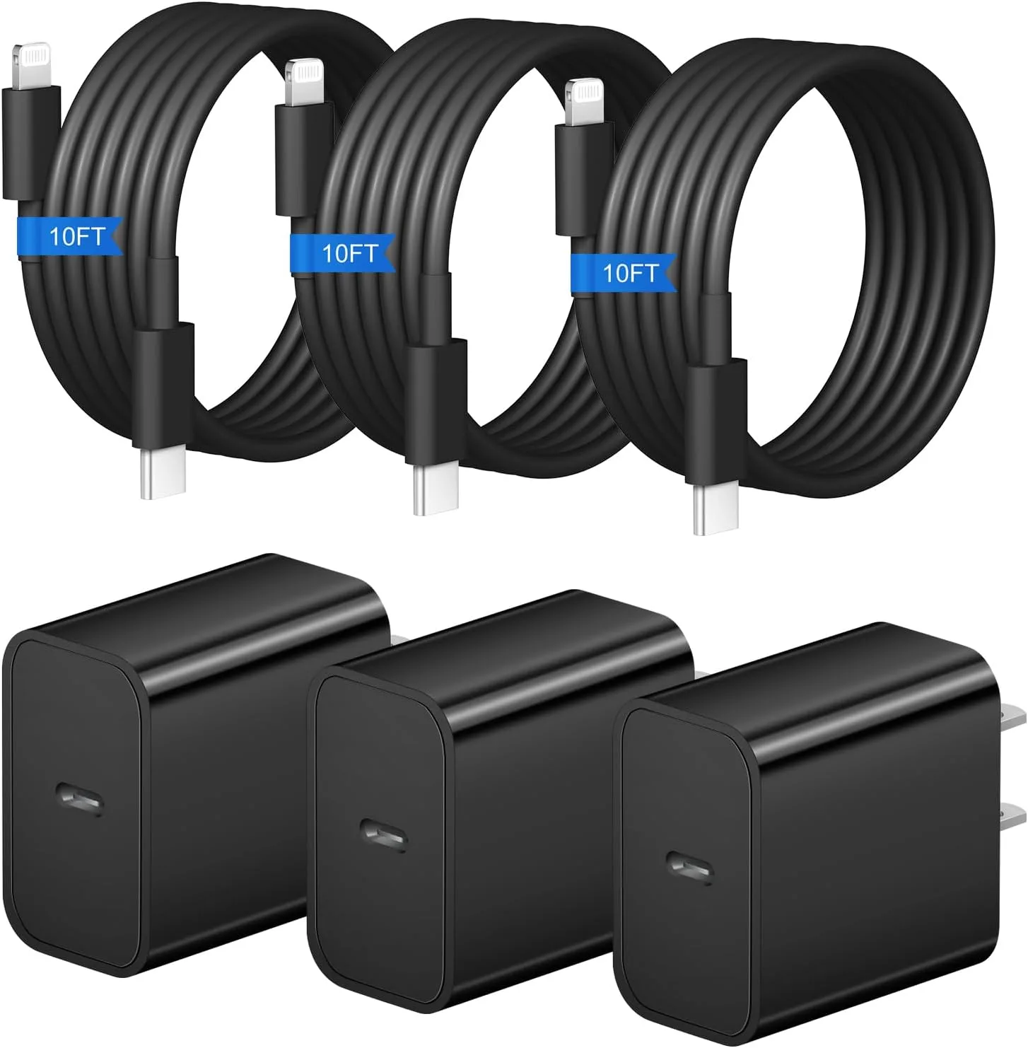 iPhone Fast Charger 3+3Pack 20W USB C Wall Charger with Extra Long 10FT Fast Charging Cable Compatible with iPhone 14/13/12/11/Pro/Pro Max-Black