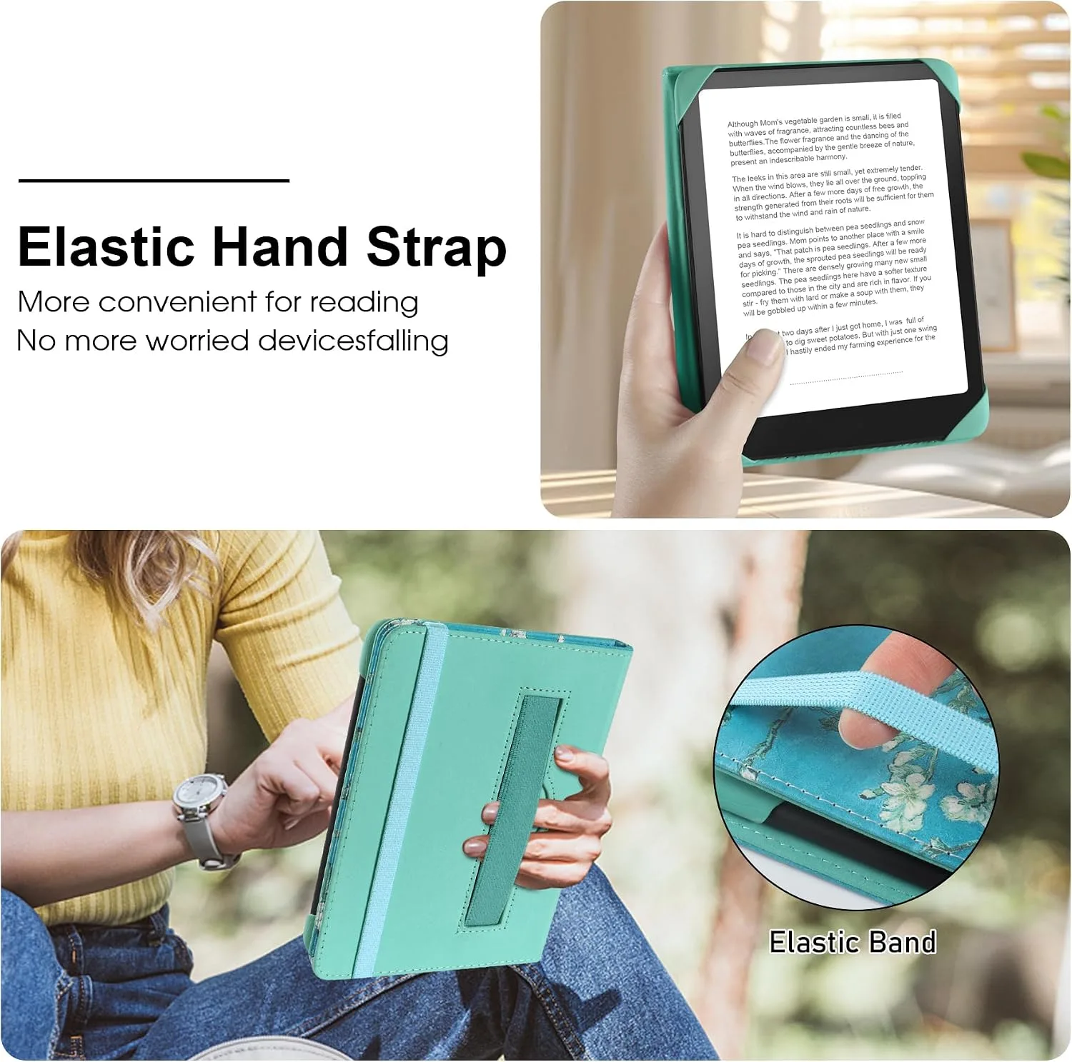 HoYiXi Universal Case for 6 inch Kindle eReader Compatible with Paperwhite(2015/2018)/Pocketbook and Tolino/Kobo Clara HD,6" eReader Protective Case Cover Elastic Rope,Flowers 1