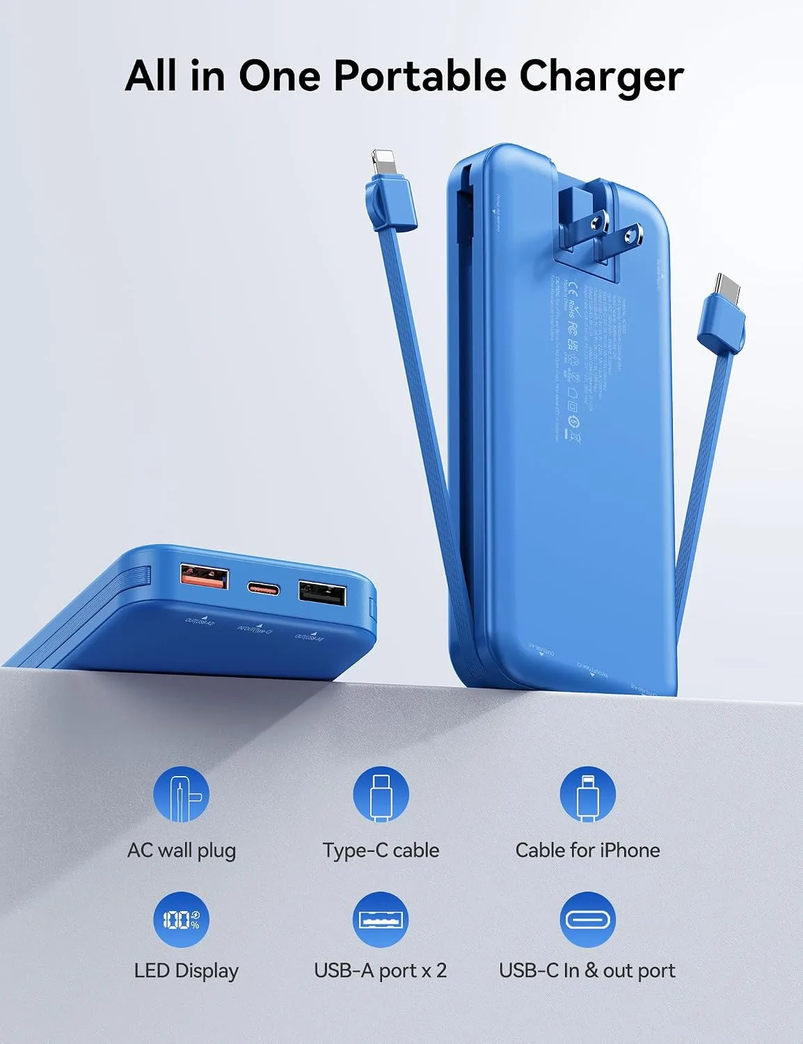 Portable Charger Power Bank 10000mAh with Built in Cables & Wall Plug